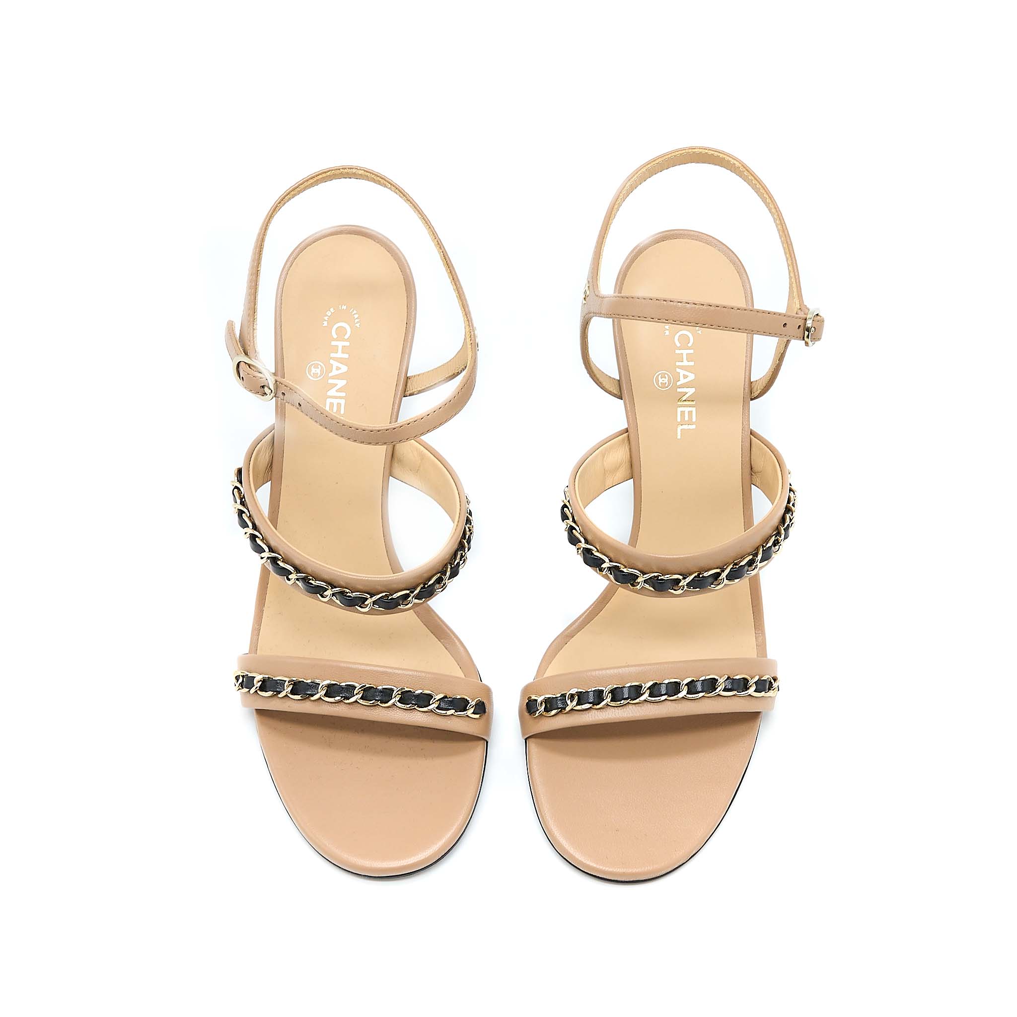 CHANEL LEATHER CHAINS HEEL SANDALS LAMBSKIN BEIGE/BLACK LGHW