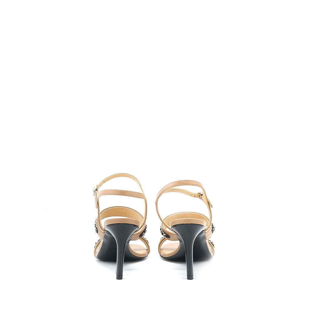 CHANEL LEATHER CHAINS HEEL SANDALS LAMBSKIN BEIGE/BLACK LGHW
