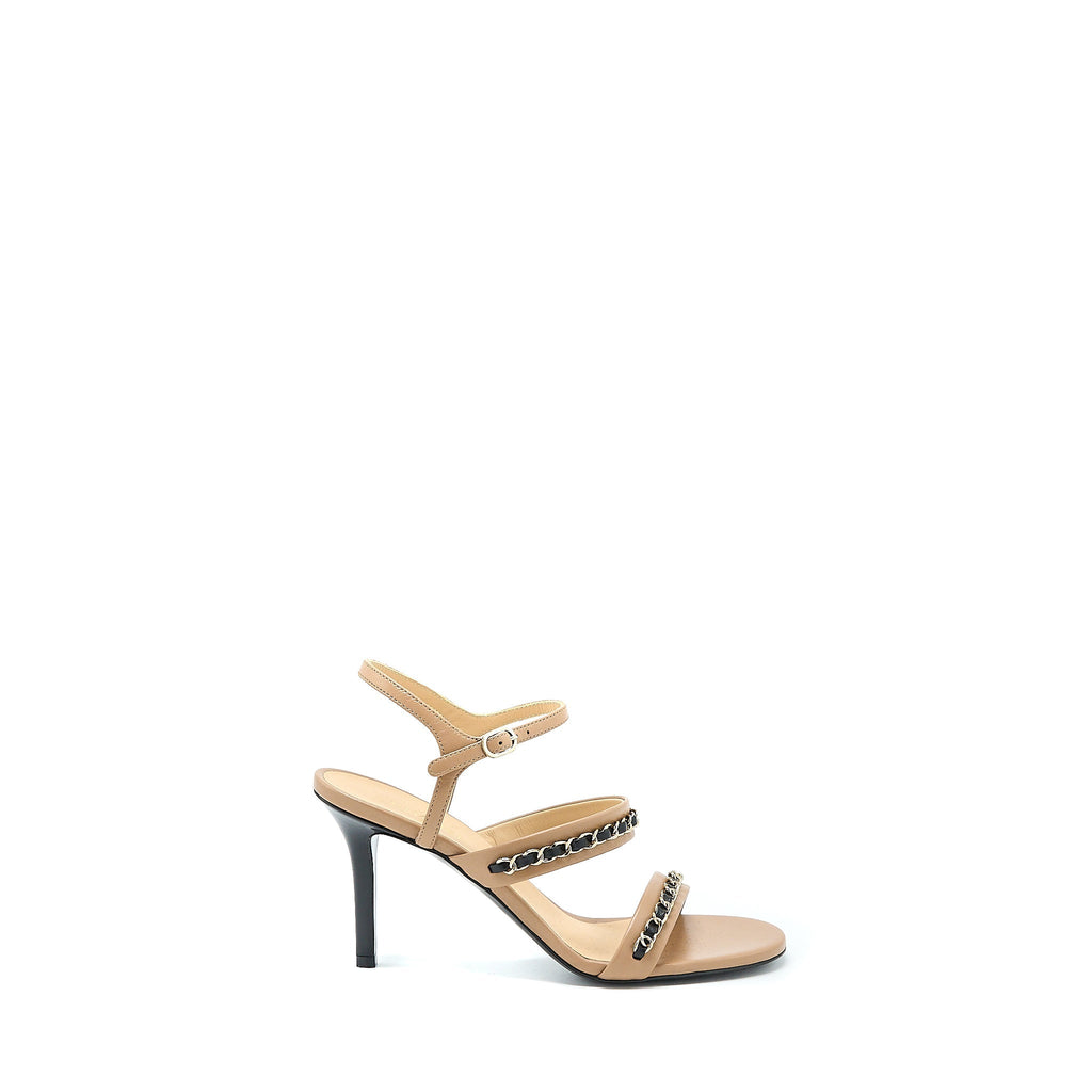 CHANEL LEATHER CHAINS HEEL SANDALS LAMBSKIN BEIGE/BLACK LGHW