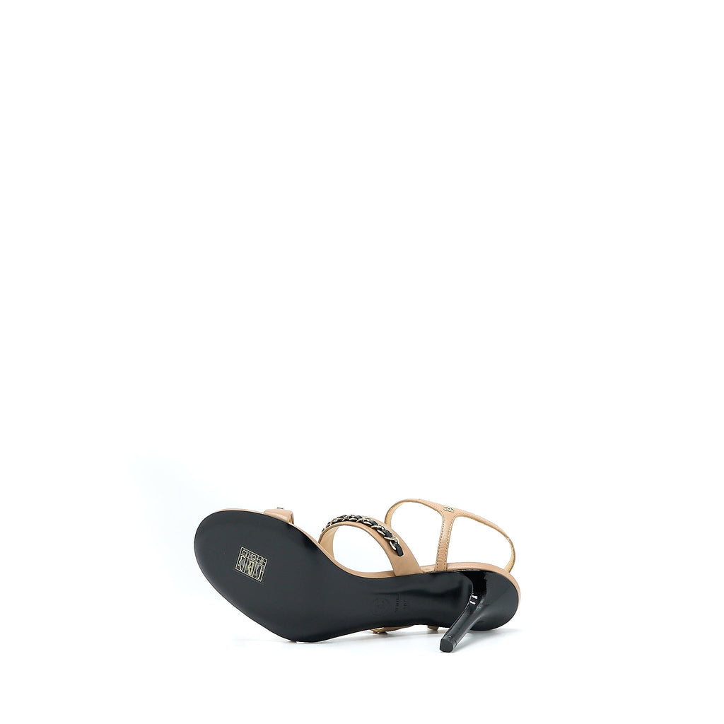 CHANEL LEATHER CHAINS HEEL SANDALS LAMBSKIN BEIGE/BLACK LGHW
