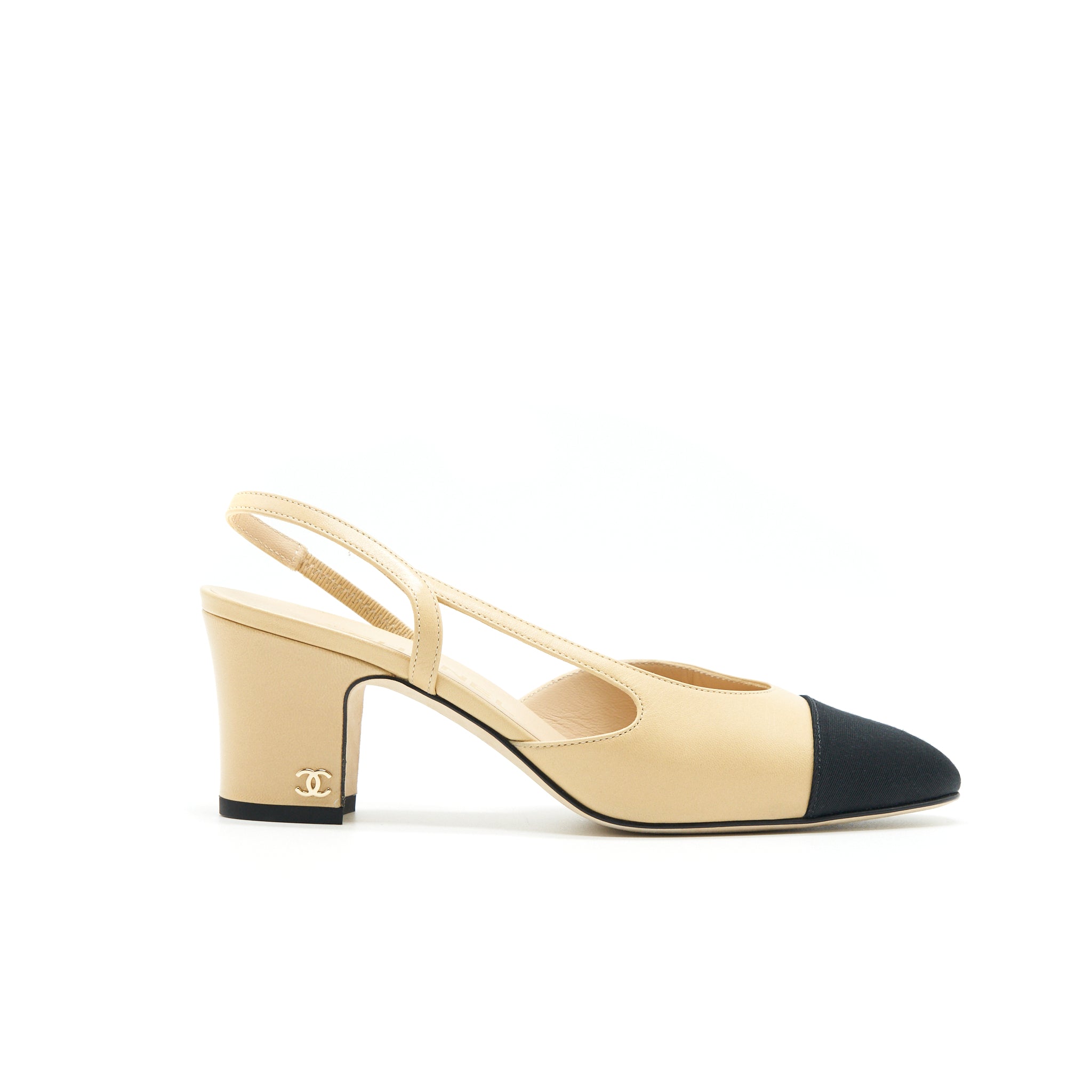 CHANEL SLING BACK BEIGE/ BLACK