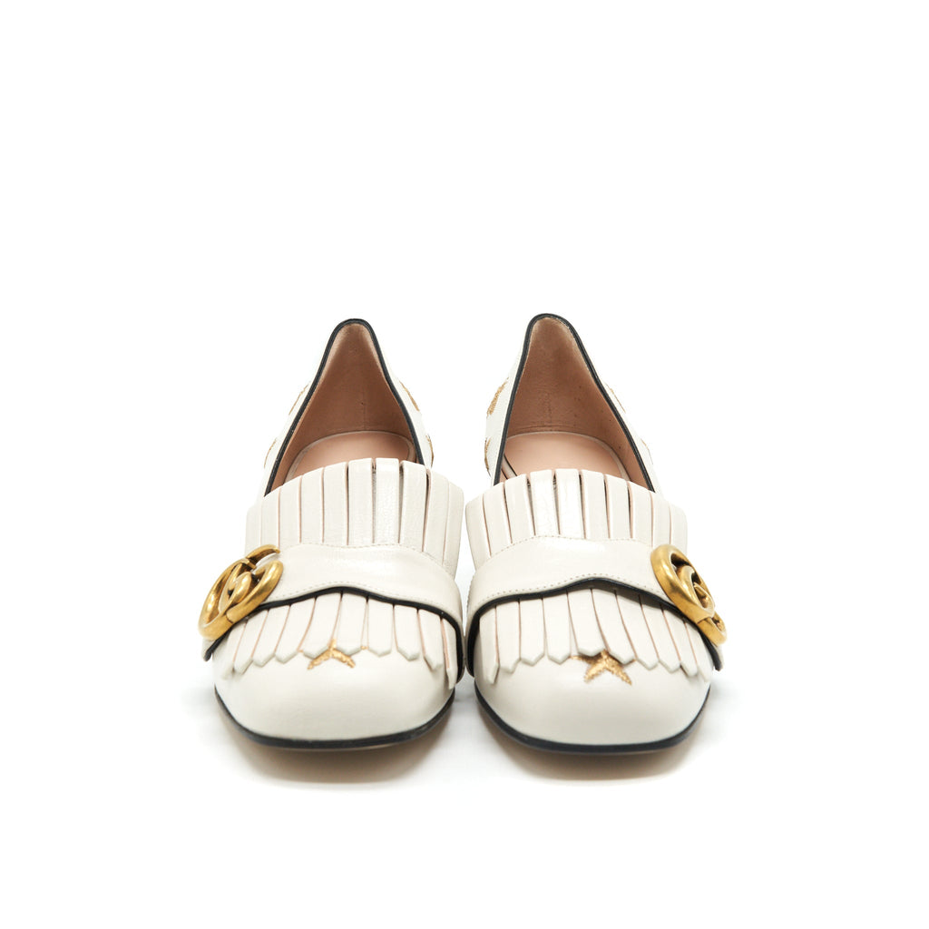GUCCI EMBROIDERED MARMONT PUMPS IN WHITE