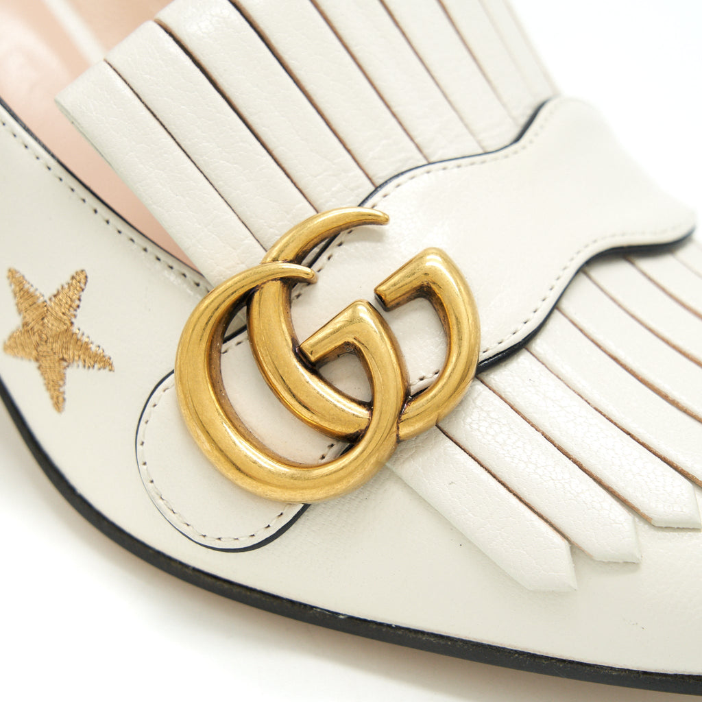 GUCCI EMBROIDERED MARMONT PUMPS IN WHITE