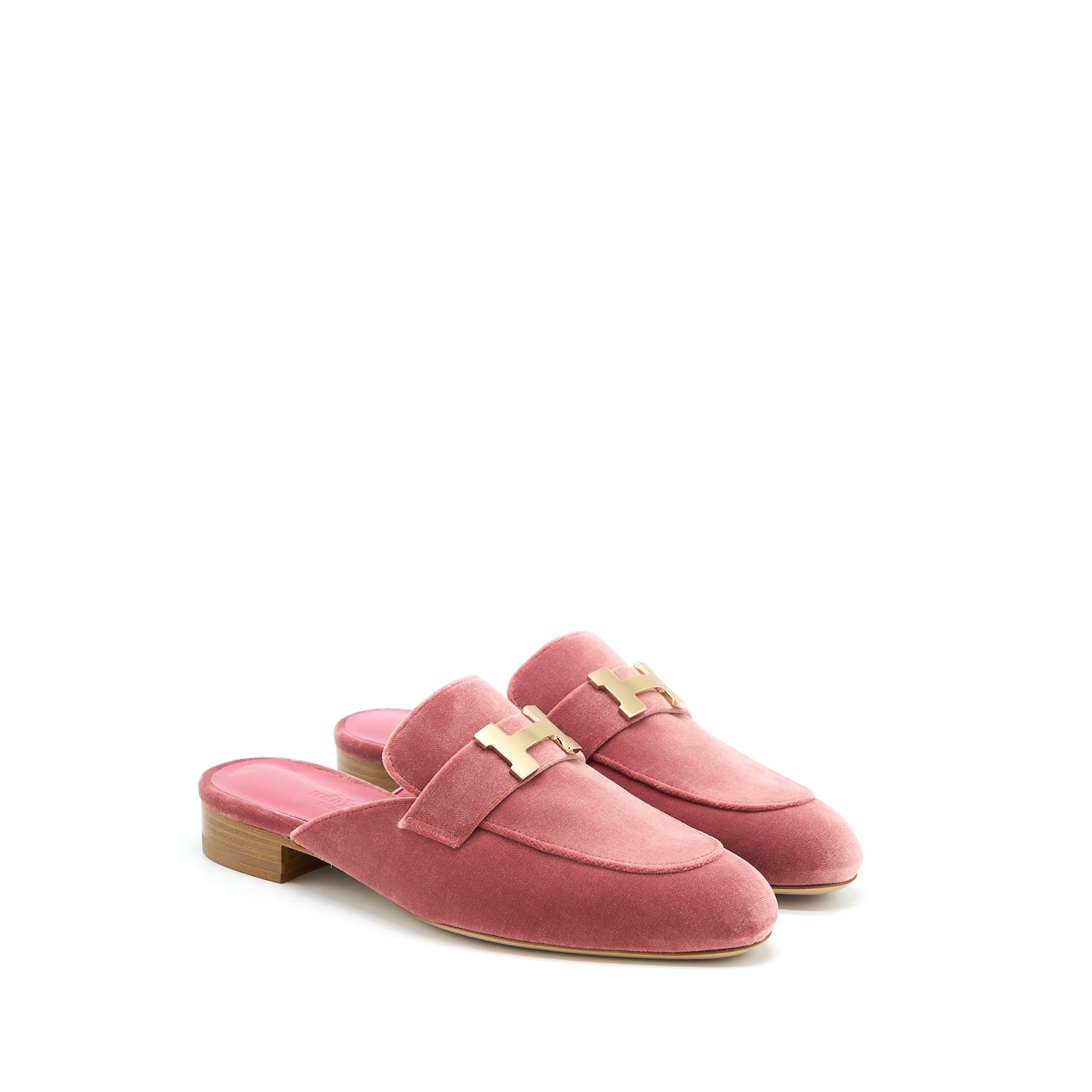HERMES TROCADERO ROSE POUDRE VELVET H LOGO BUCKLE MULE SLIDE SHOES GHW