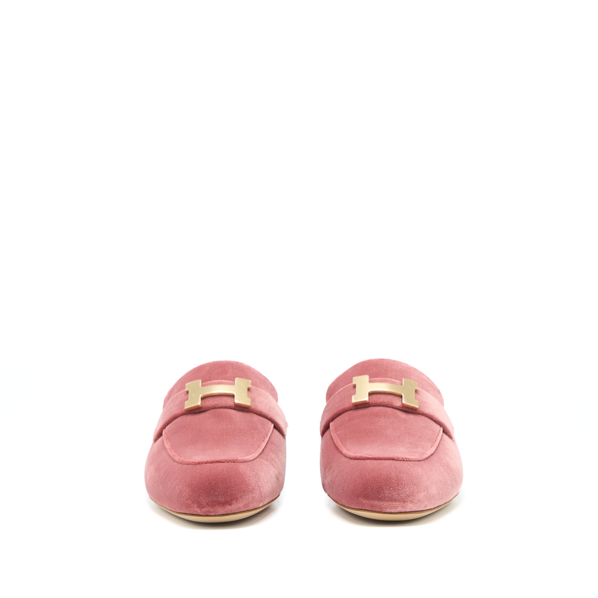 HERMES TROCADERO ROSE POUDRE VELVET H LOGO BUCKLE MULE SLIDE SHOES GHW