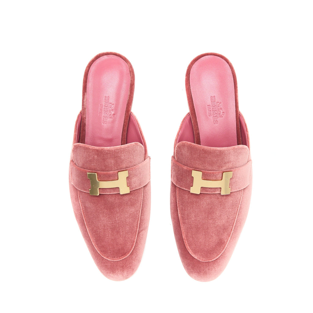 HERMES TROCADERO ROSE POUDRE VELVET H LOGO BUCKLE MULE SLIDE SHOES GHW
