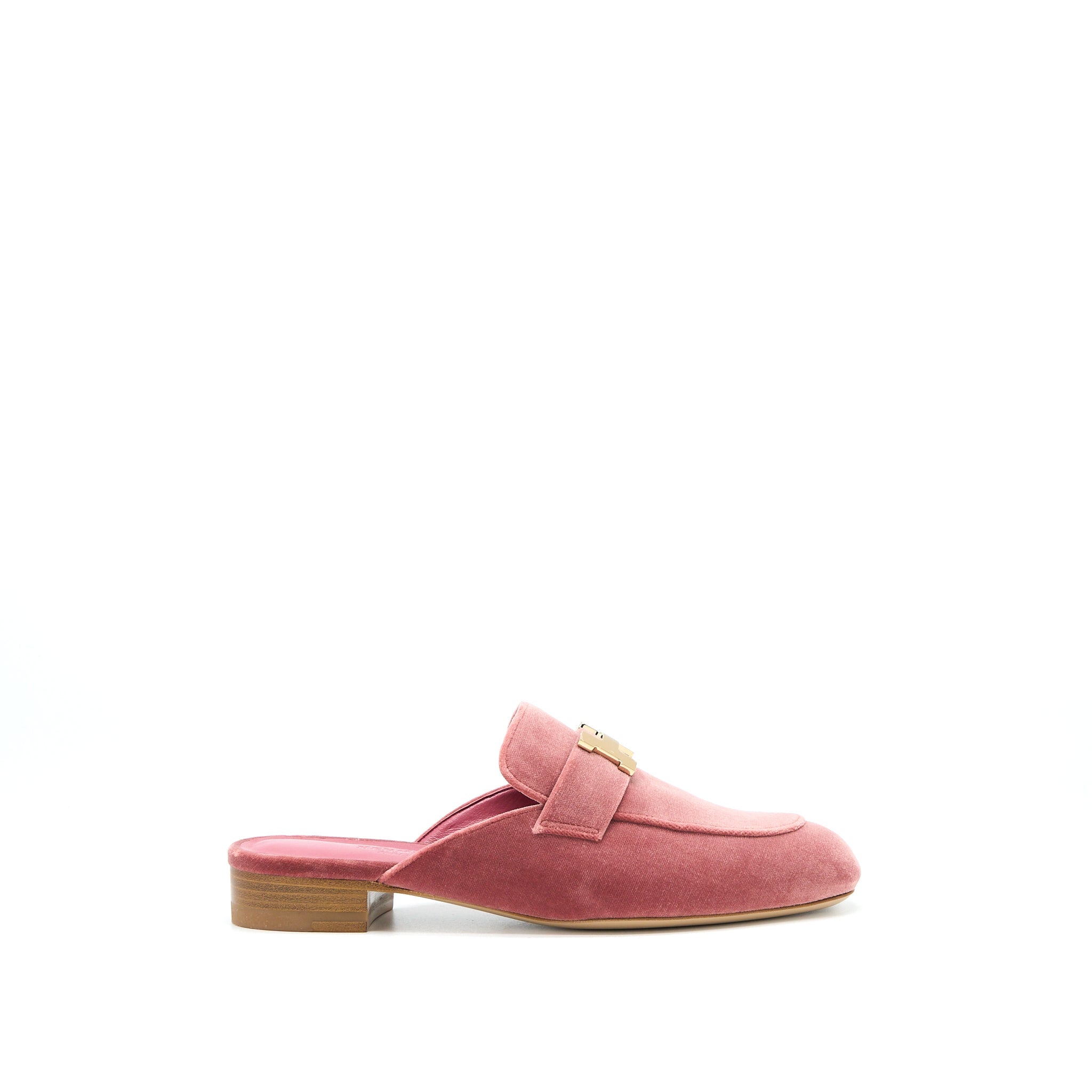 HERMES TROCADERO ROSE POUDRE VELVET H LOGO BUCKLE MULE SLIDE SHOES GHW