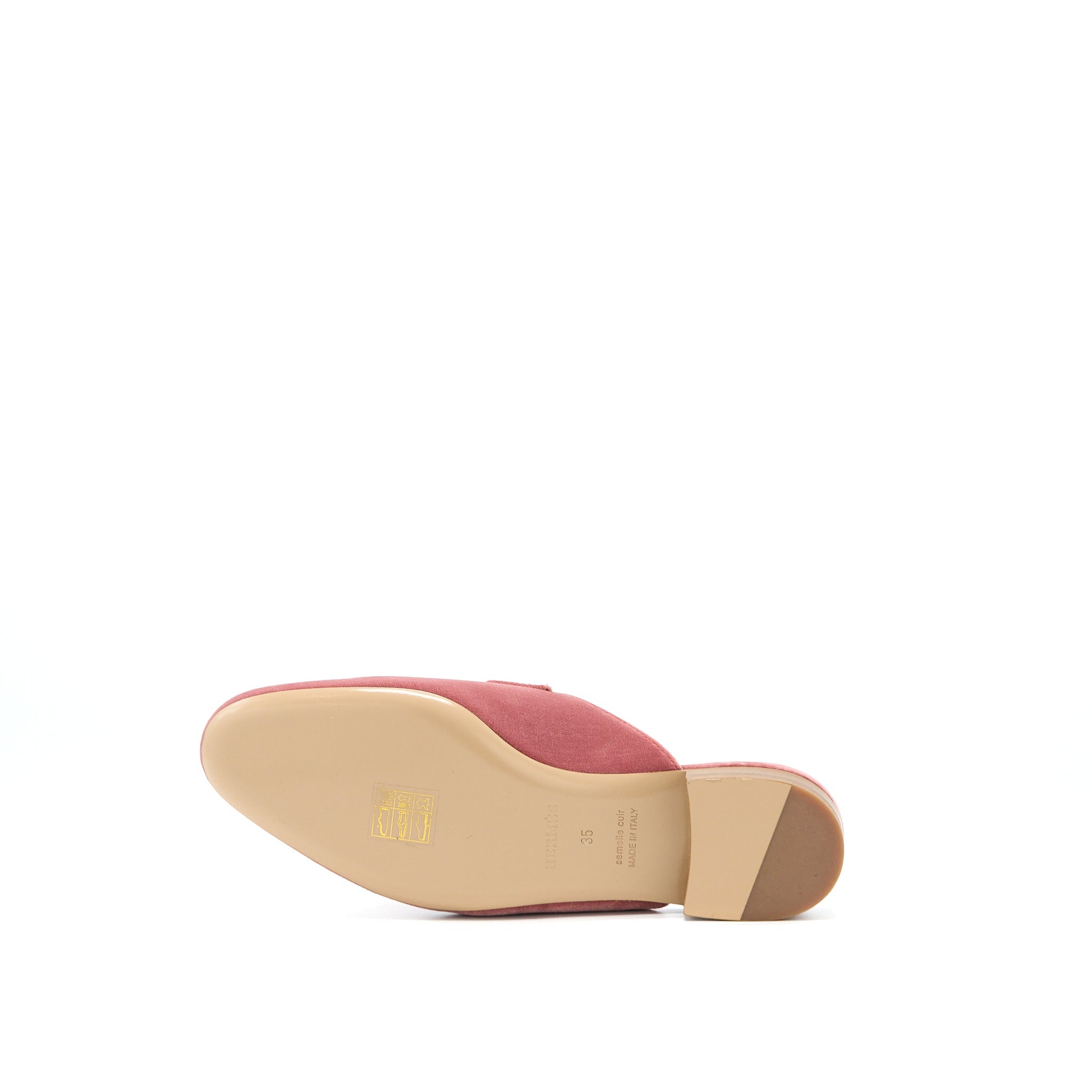 HERMES TROCADERO ROSE POUDRE VELVET H LOGO BUCKLE MULE SLIDE SHOES GHW