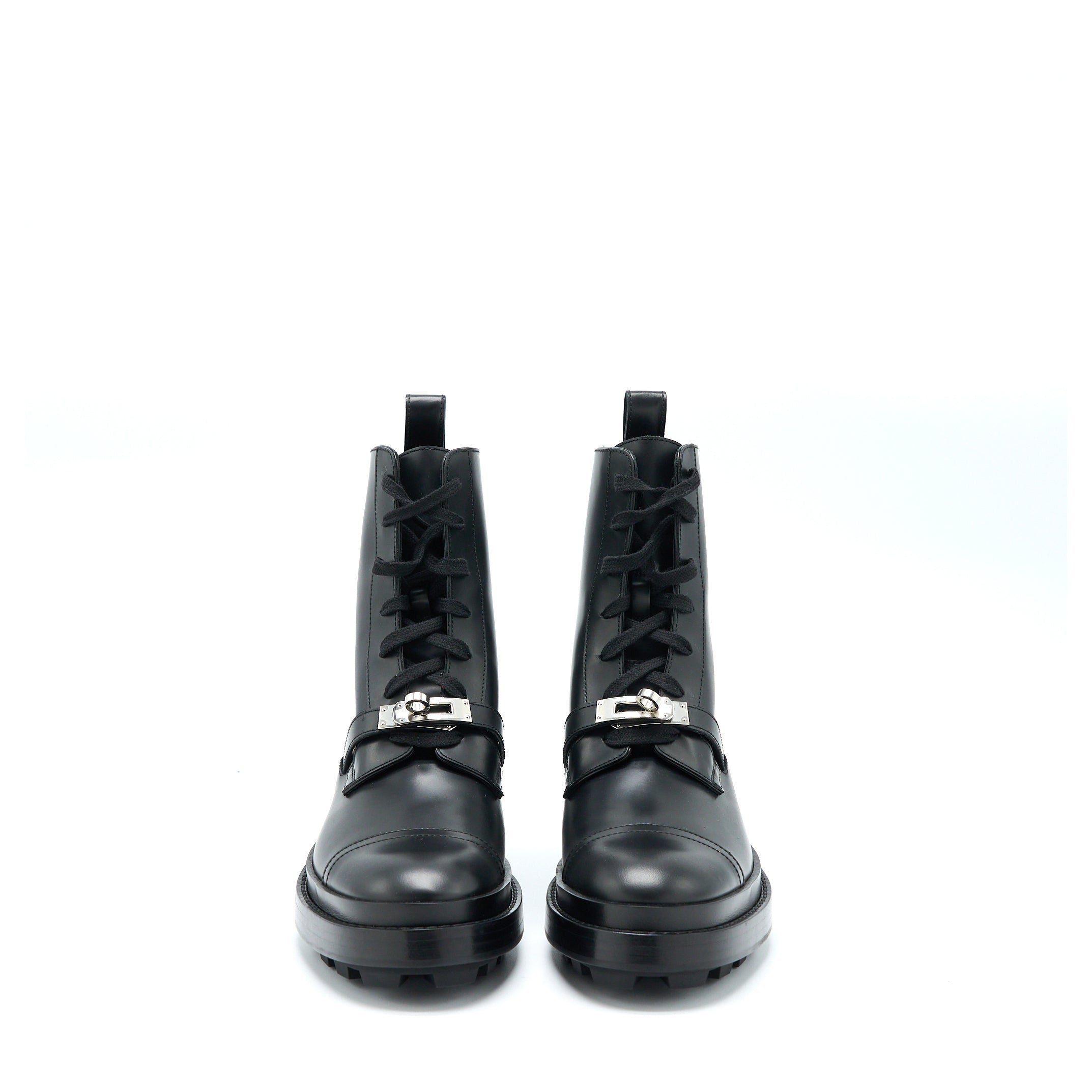 HERMES FUNK ANKLE BOOT WITH KELLY BUCKLE GLAZED CALFSKIN BLACK SHW