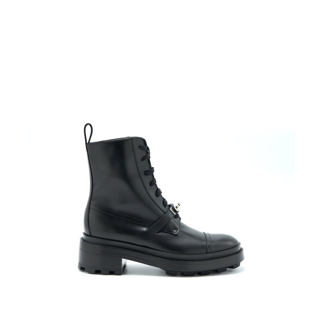 HERMES FUNK ANKLE BOOT WITH KELLY BUCKLE GLAZED CALFSKIN BLACK SHW