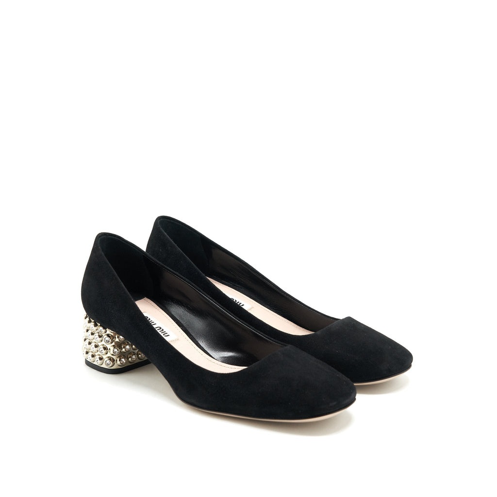 MIUMIU SUEDE CRYSTAL HEEL PUMPS