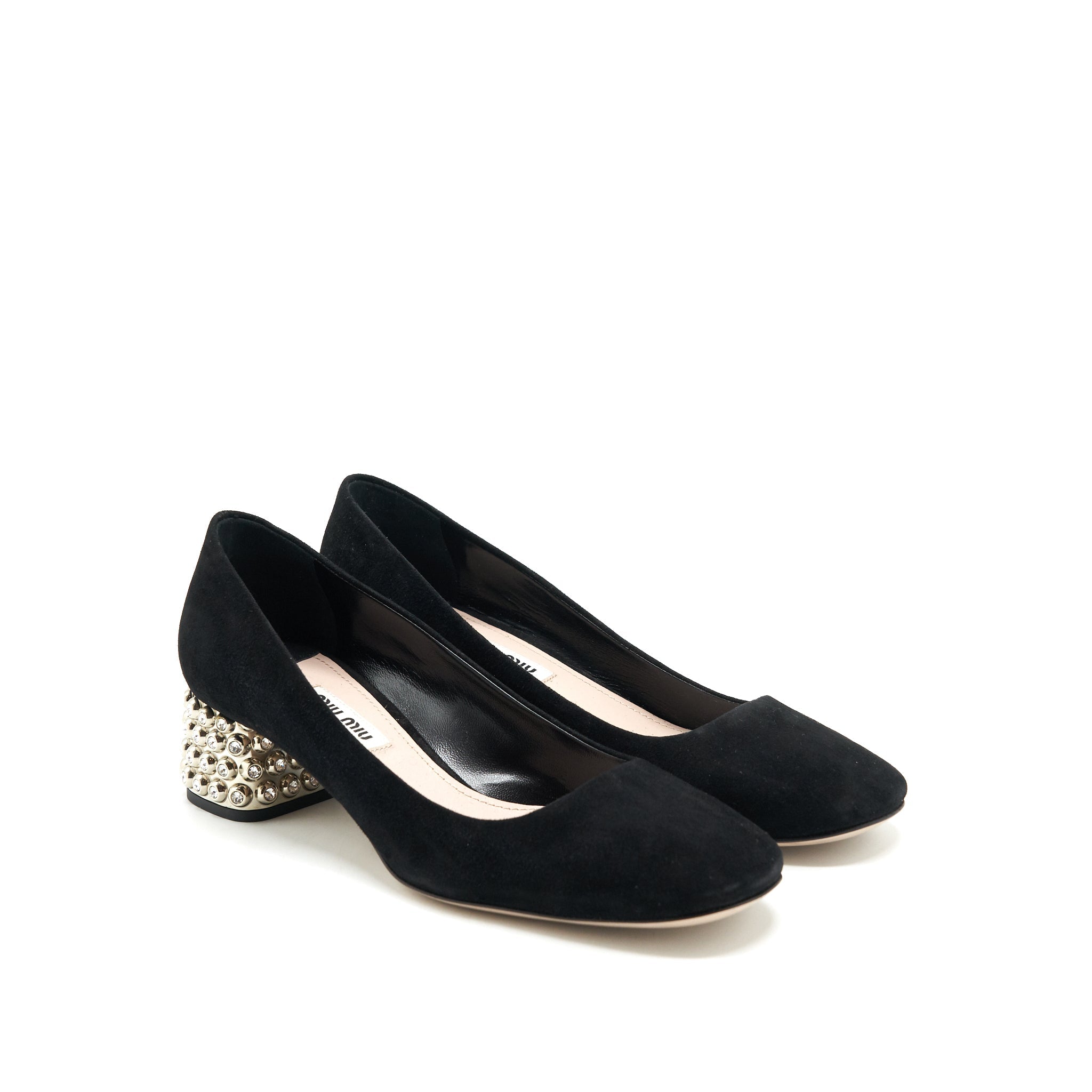 MIUMIU SUEDE CRYSTAL HEEL PUMPS