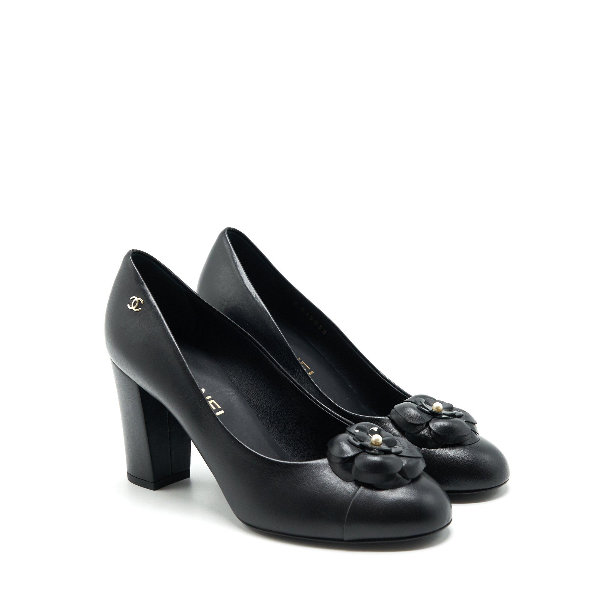 CHANEL C CAMELLIA HEELS BLACK