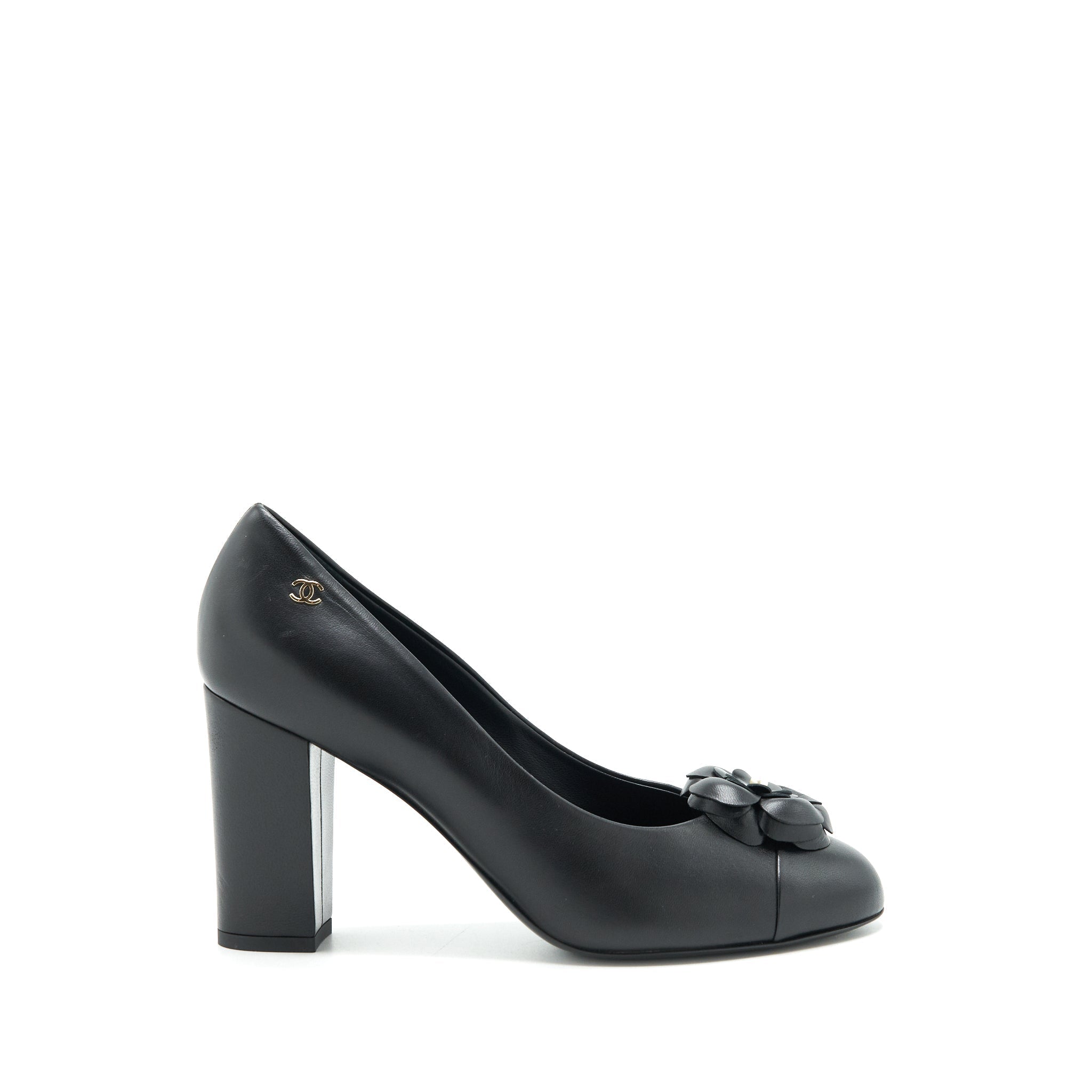 CHANEL C CAMELLIA HEELS BLACK