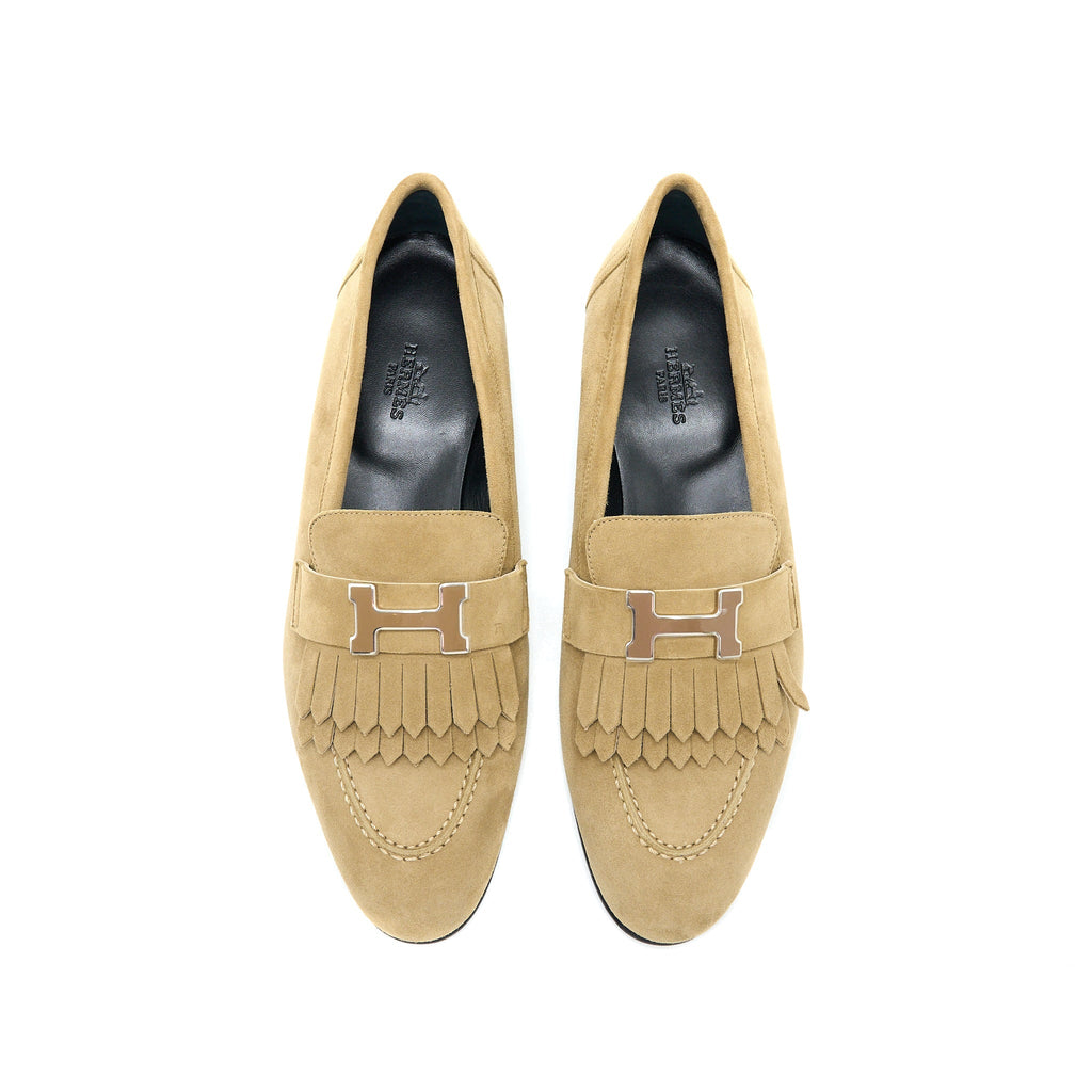 HERMES MOCASSINS ROYAL SUEDE GOATSKIN BEIGE GOBI SHW
