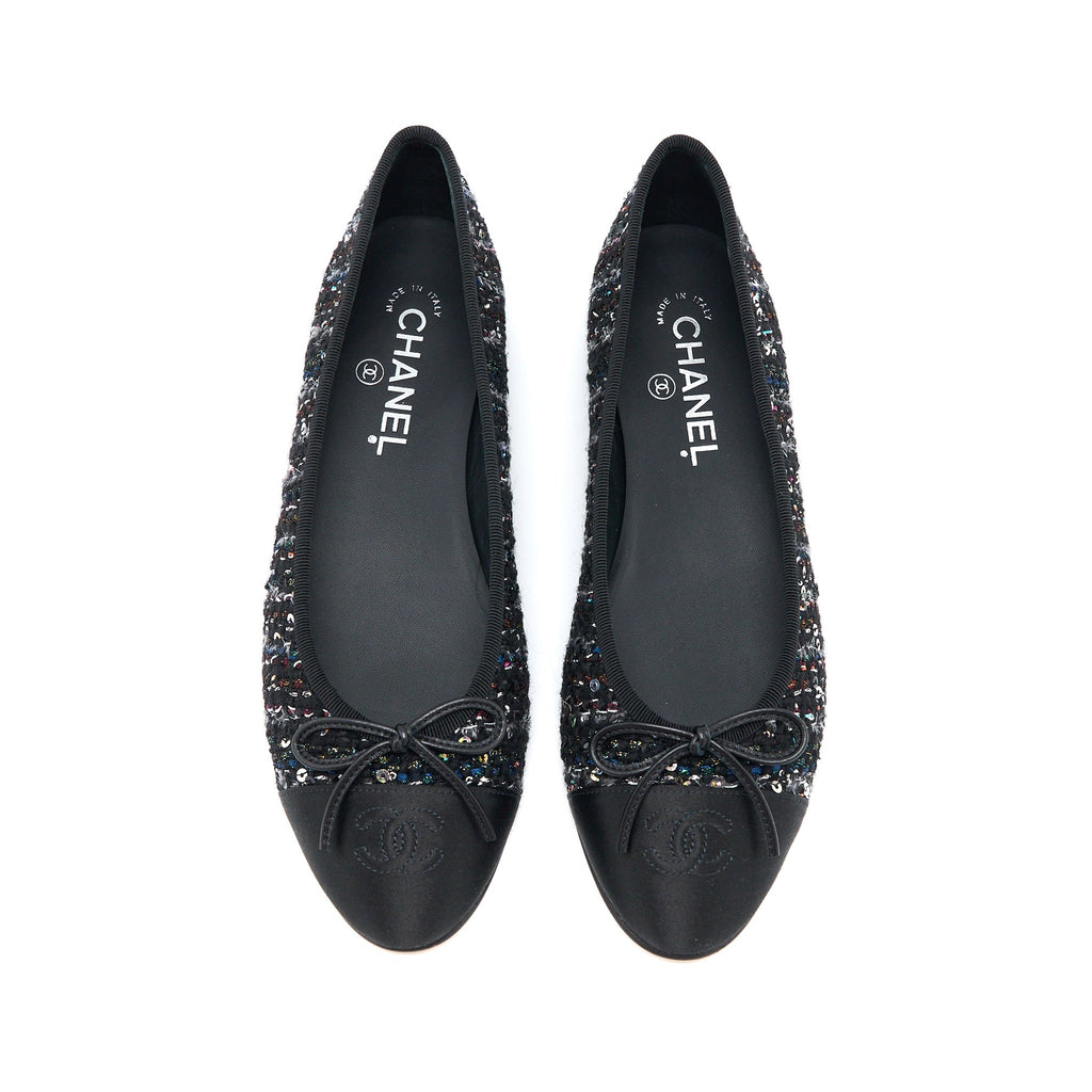 CHANEL BALLERINA FLAT SHOES TWEED/SATIN BLACK/MULTICOLOUR