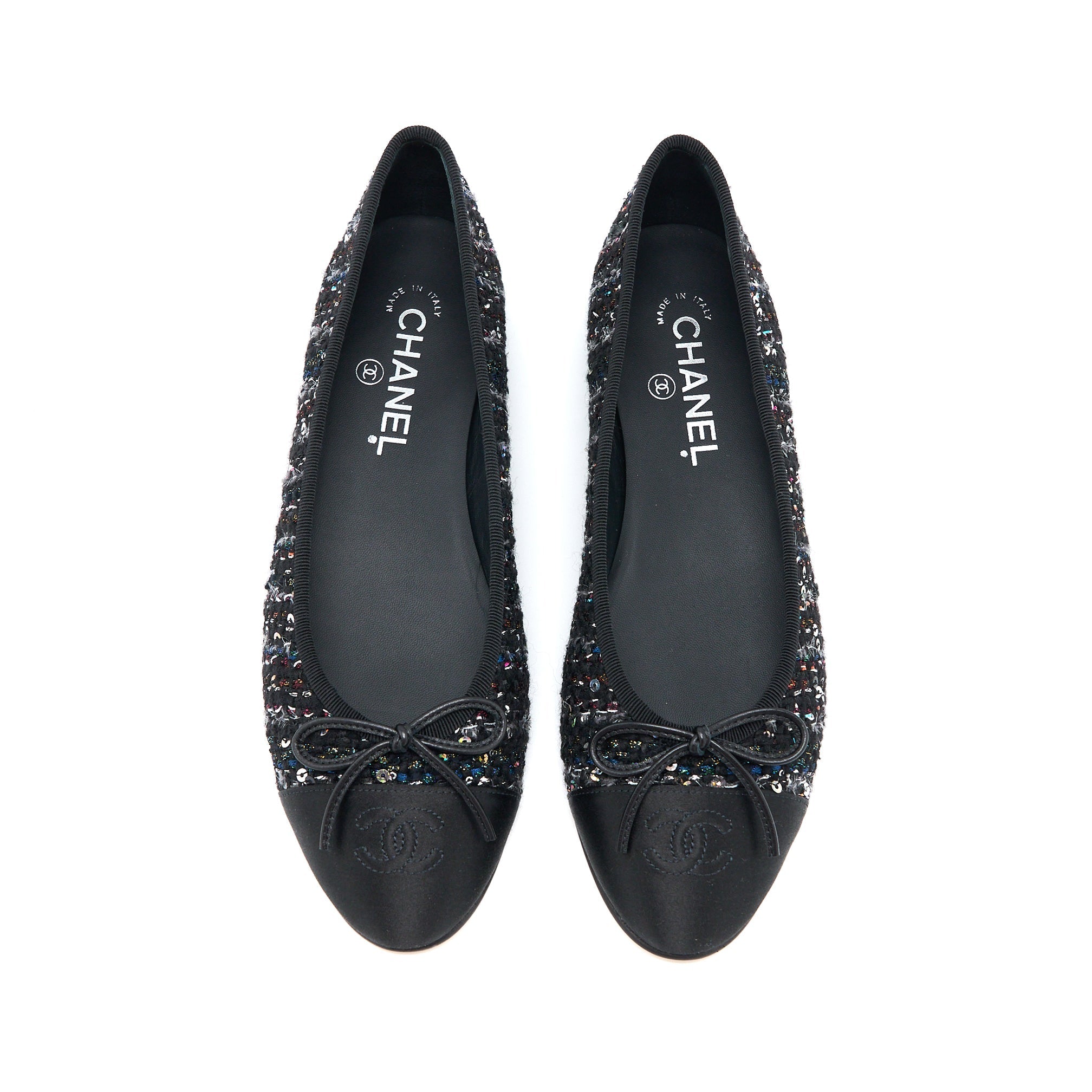 CHANEL BALLERINA FLAT SHOES TWEED/SATIN BLACK/MULTICOLOUR