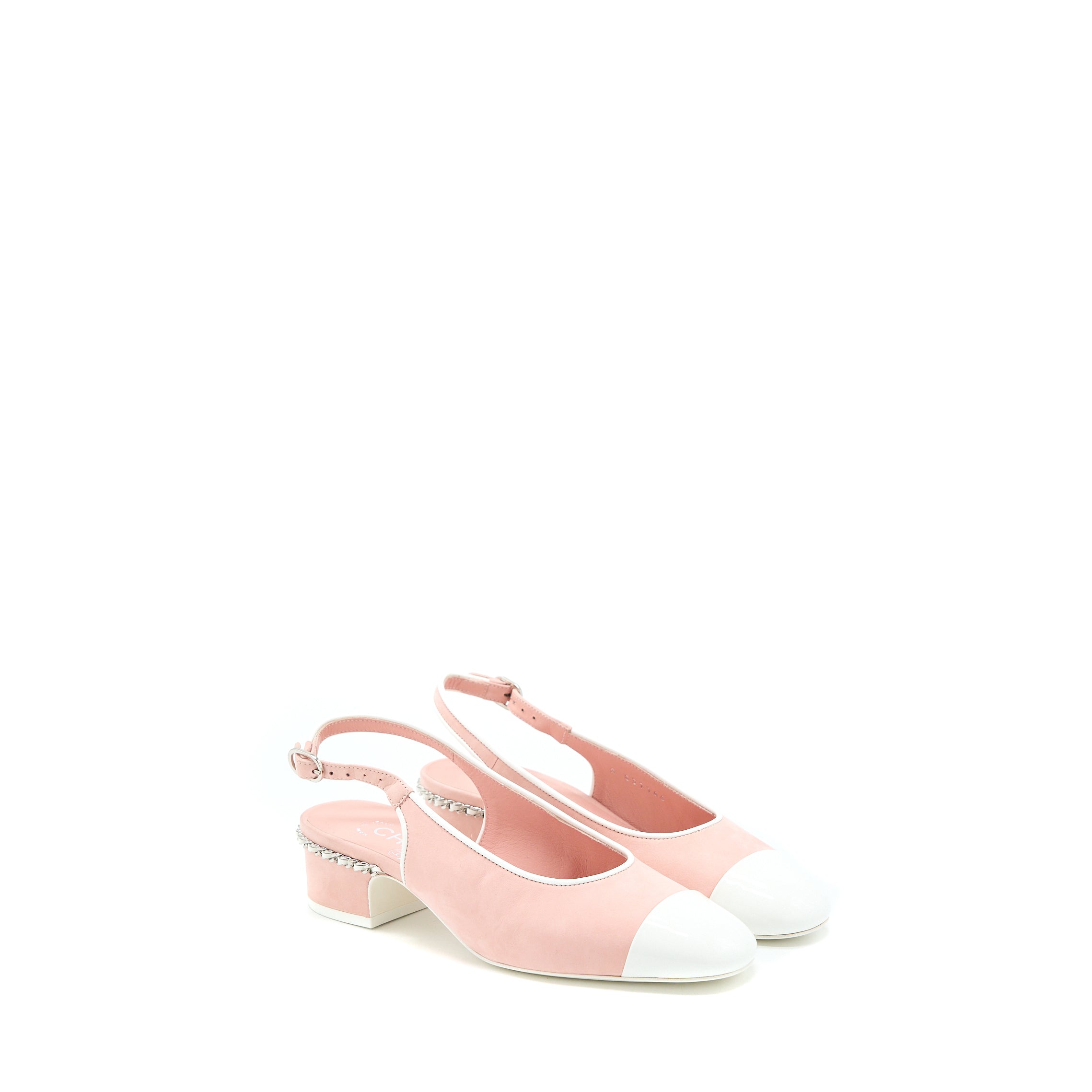 CHANEL SLINGBACK HEEL SUEDE/PATENT PINK/WHITE SHW