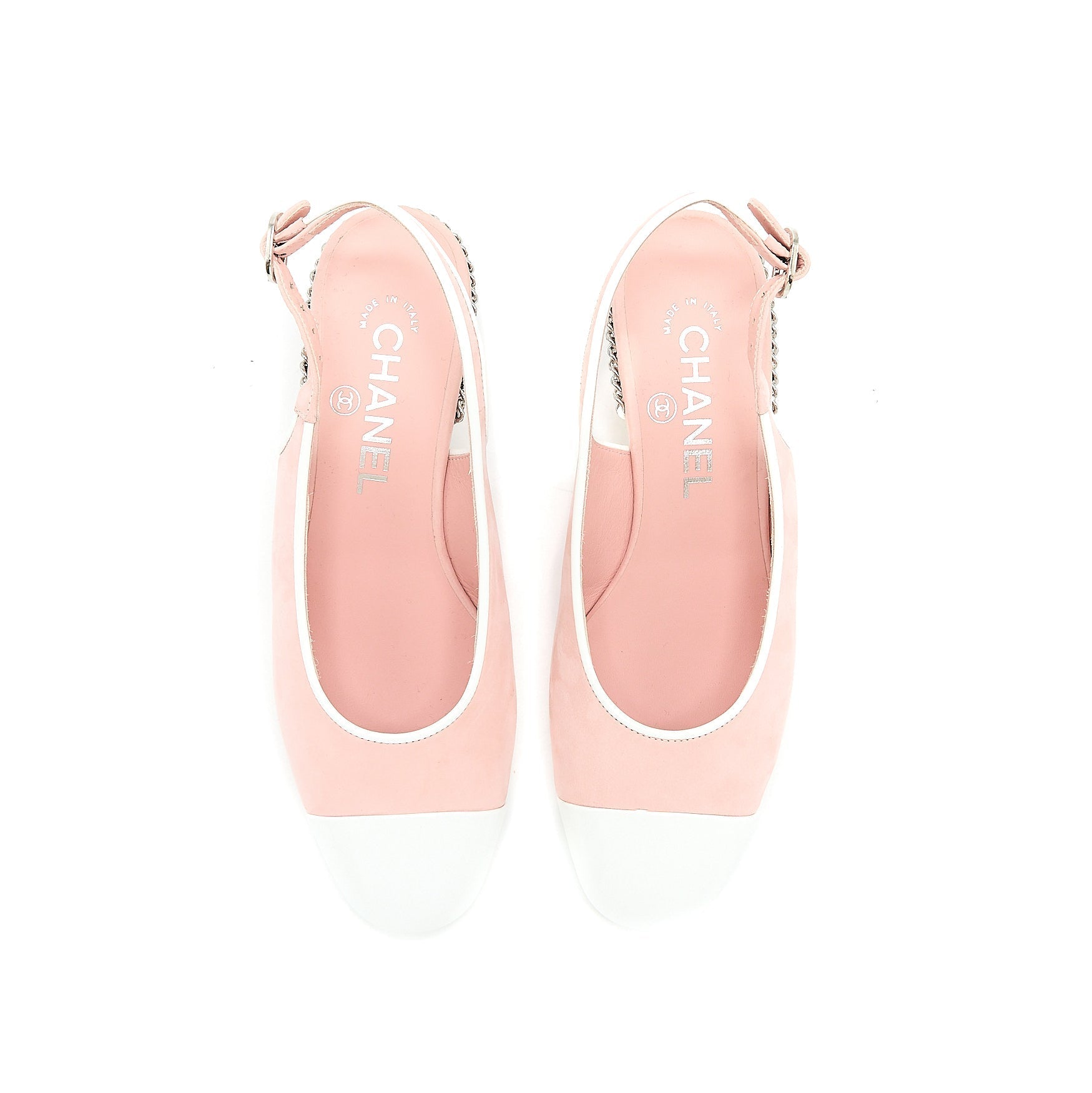 CHANEL SLINGBACK HEEL SUEDE/PATENT PINK/WHITE SHW