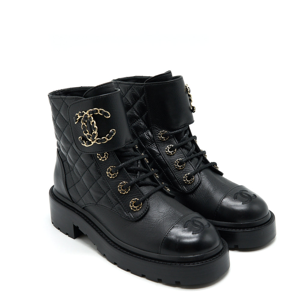 CHANEL LEATHER LACE UP BOOTS BLACK