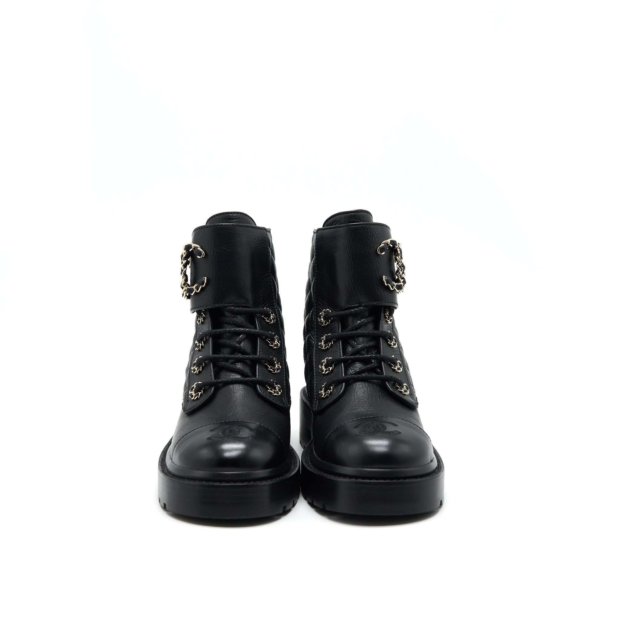 CHANEL LEATHER LACE UP BOOTS BLACK