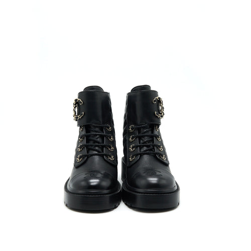 CHANEL LEATHER LACE UP BOOTS BLACK