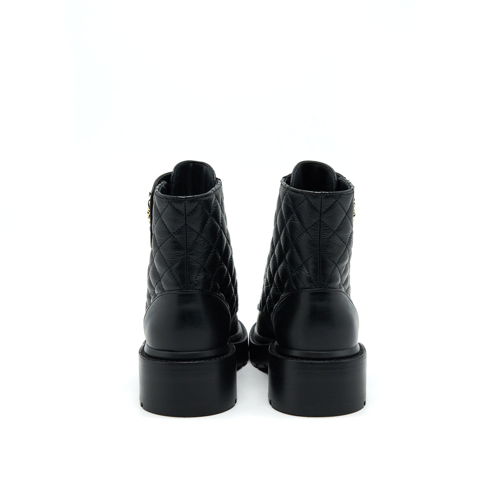 CHANEL LEATHER LACE UP BOOTS BLACK