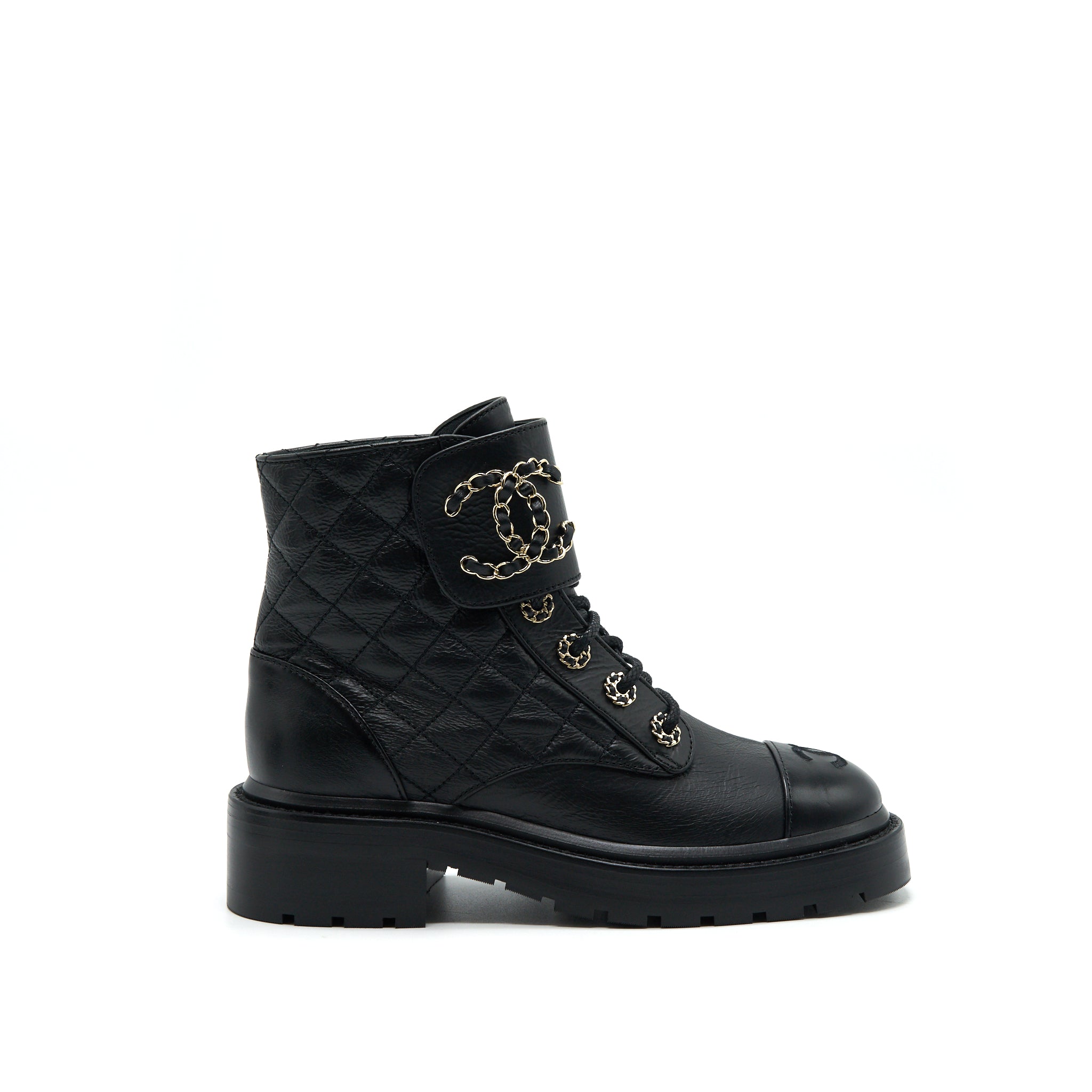 CHANEL LEATHER LACE UP BOOTS BLACK