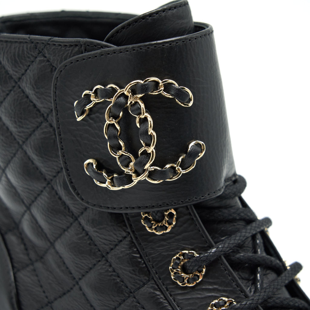 CHANEL LEATHER LACE UP BOOTS BLACK