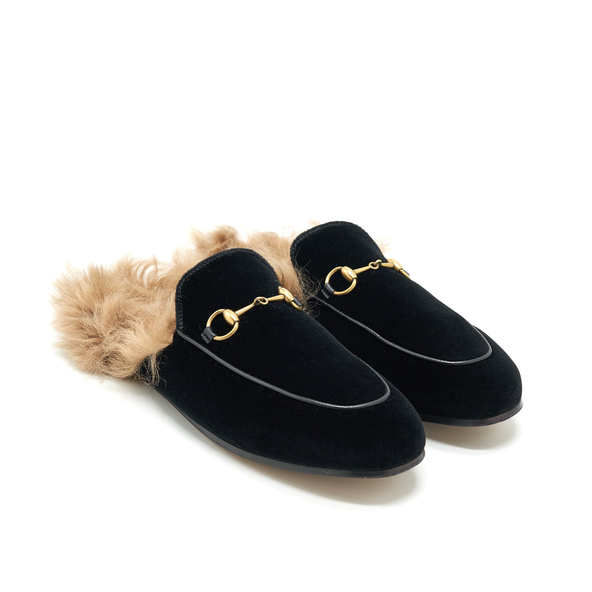 GUCCI VELVET MULES FUR BLACK