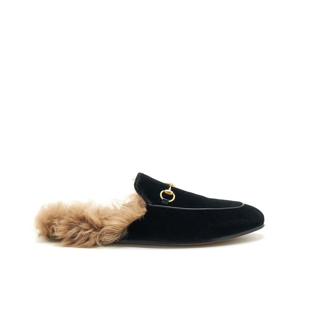 GUCCI VELVET MULES FUR BLACK