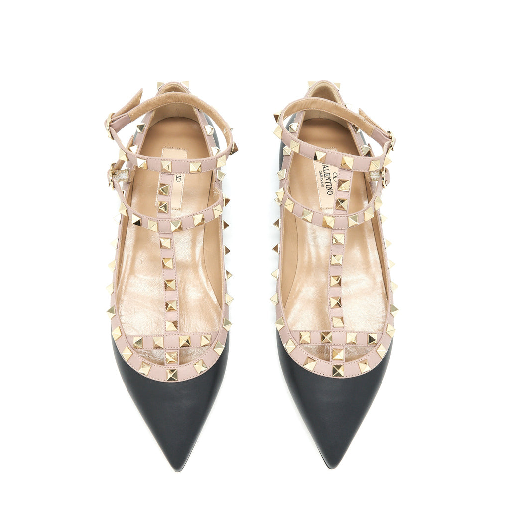 VALENTINO CAGED ROCKSTUD BALLET FLATS BLACK