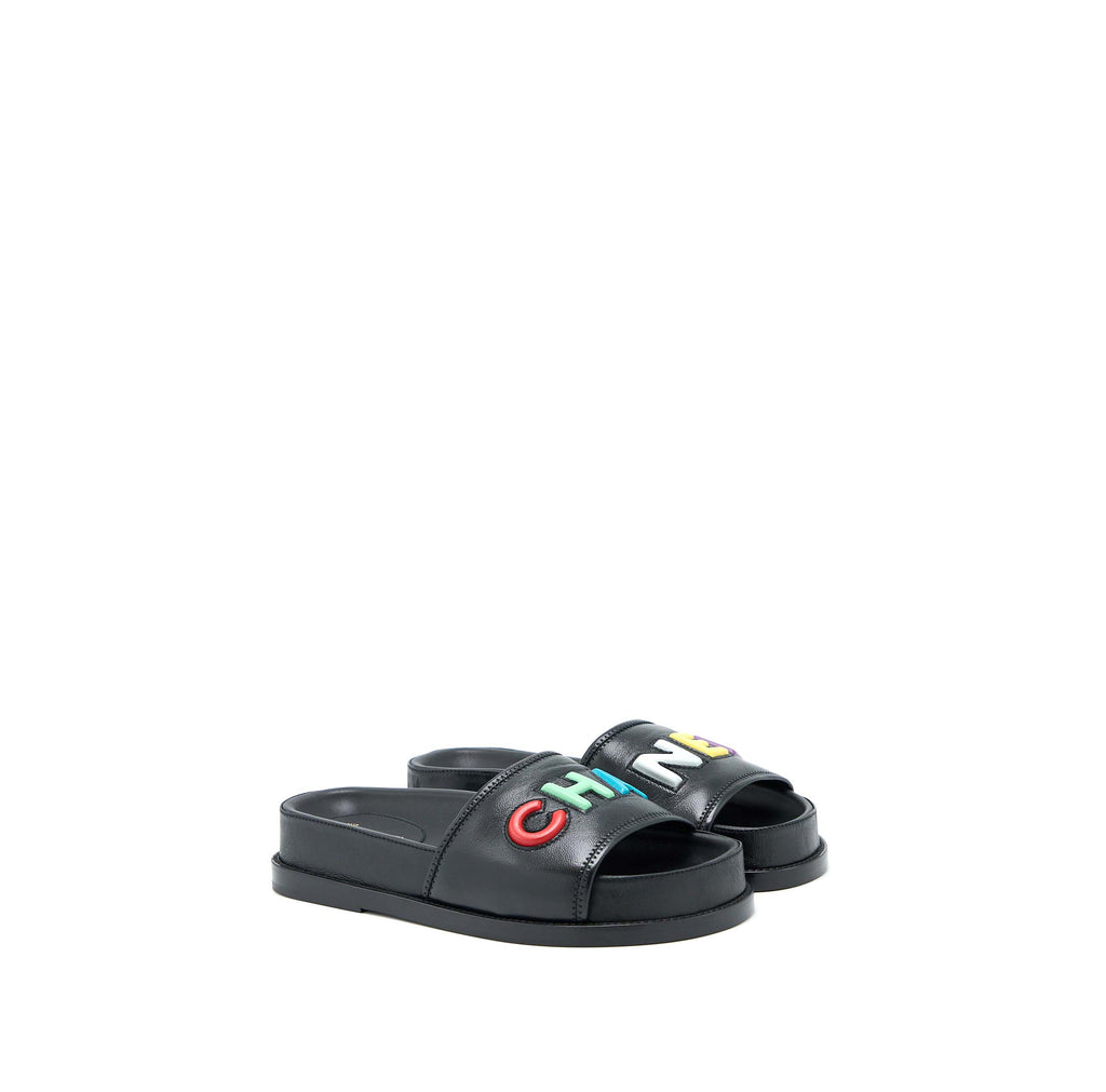 CHANEL LOGO MULTICOLOUR LETTER SLIDES BLACK