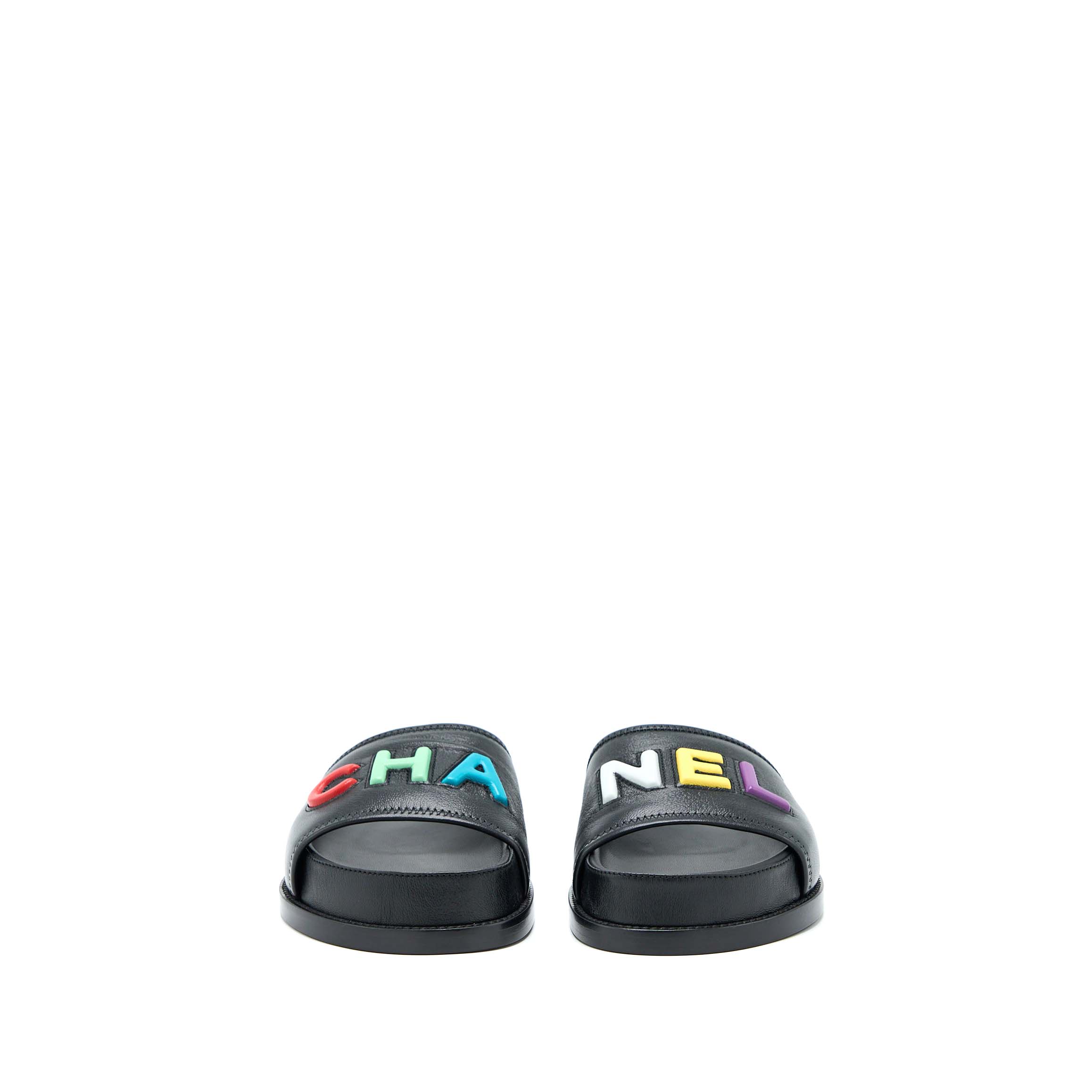 CHANEL LOGO MULTICOLOUR LETTER SLIDES BLACK
