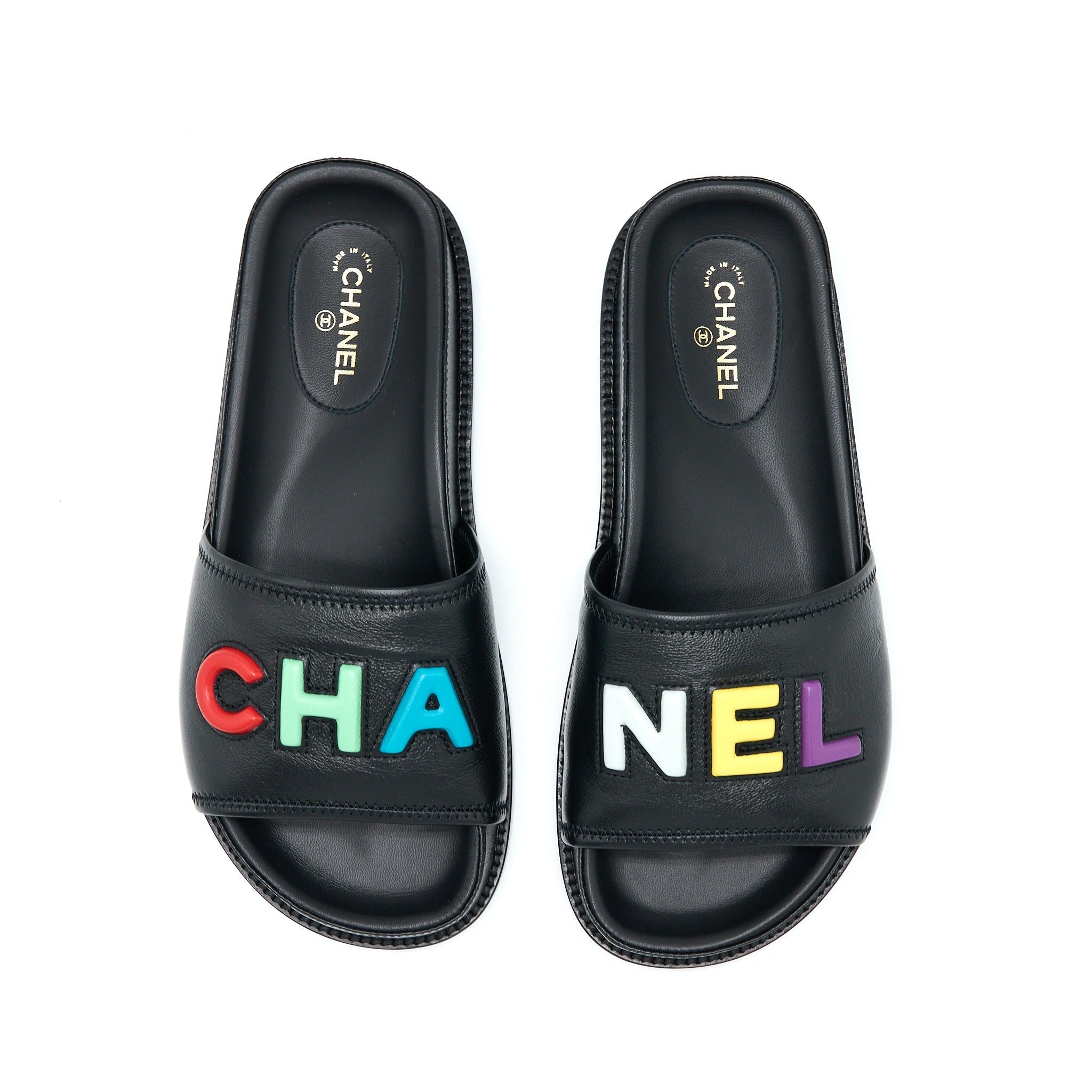 CHANEL LOGO MULTICOLOUR LETTER SLIDES BLACK