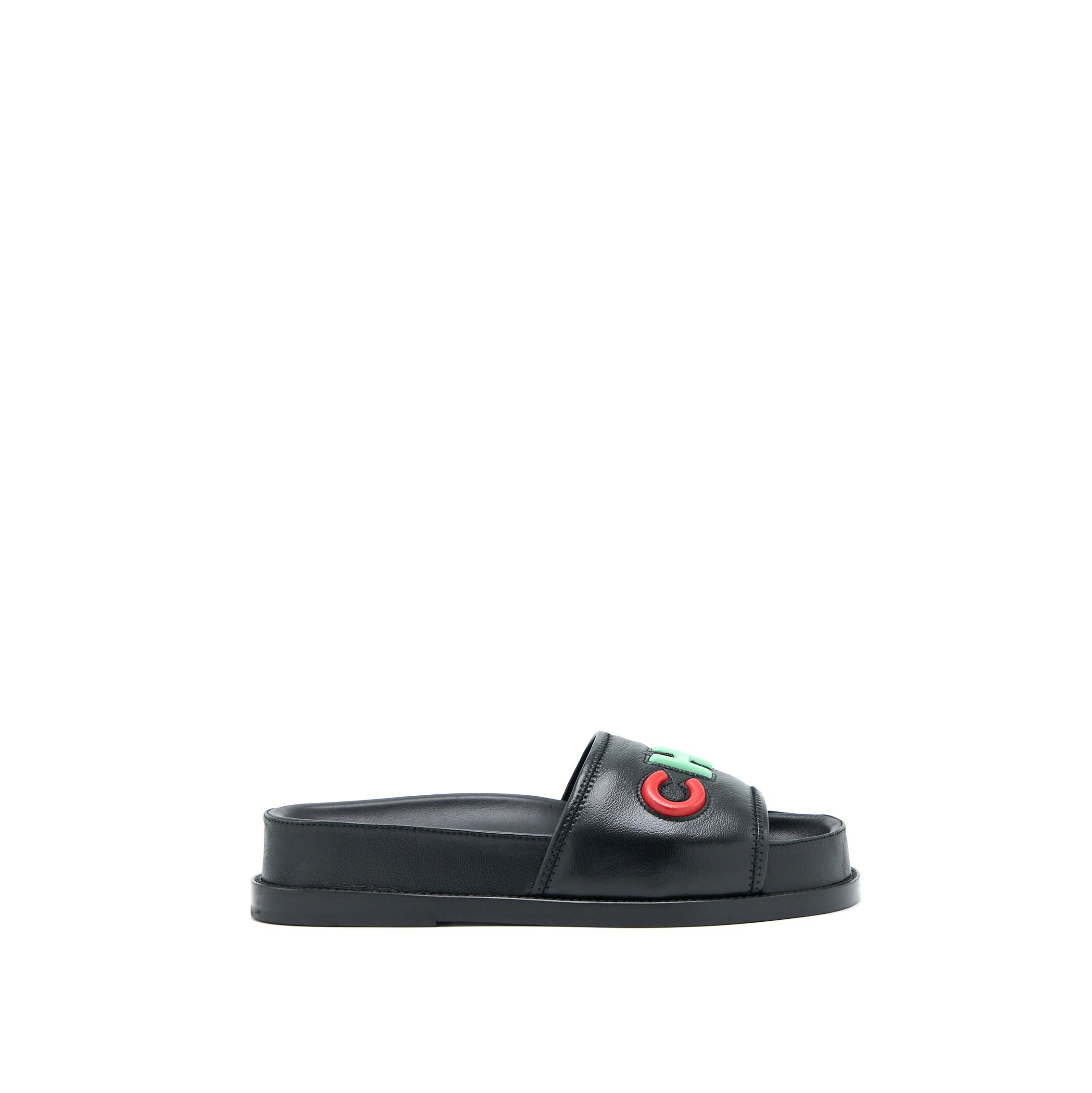 CHANEL LOGO MULTICOLOUR LETTER SLIDES BLACK