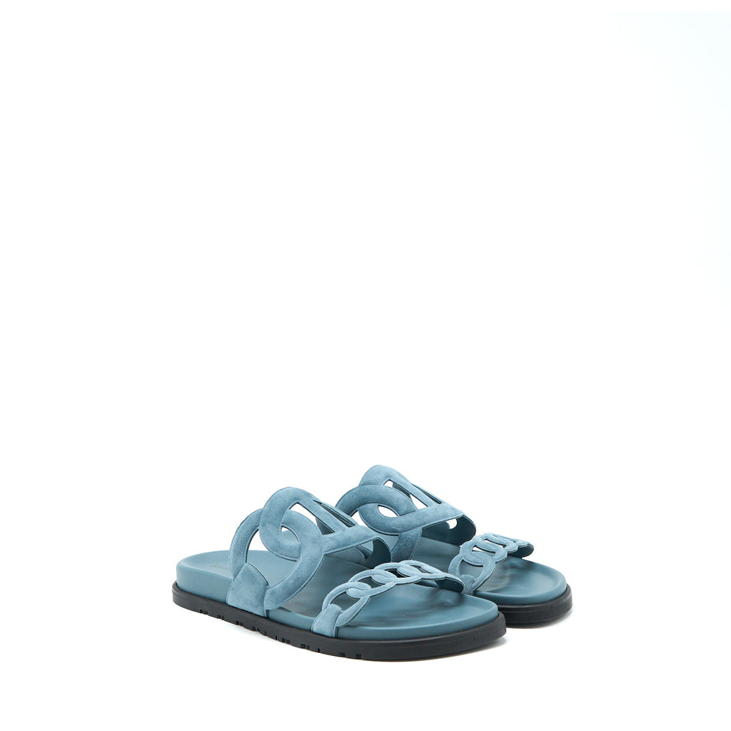 HERMES EXTRA SANDALS CHÈVRE VELOURS BLUE PINEDE