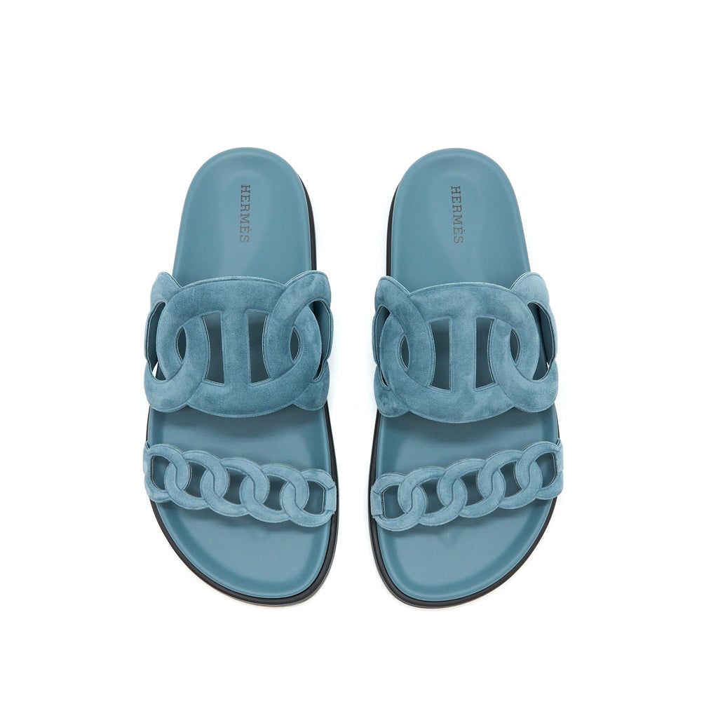HERMES EXTRA SANDALS CHÈVRE VELOURS BLUE PINEDE