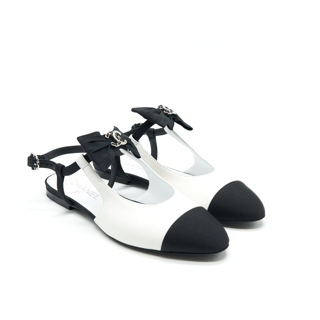 CHANEL SLINGBACK FLATS WITH RIBBONS WHITE AND BLACK