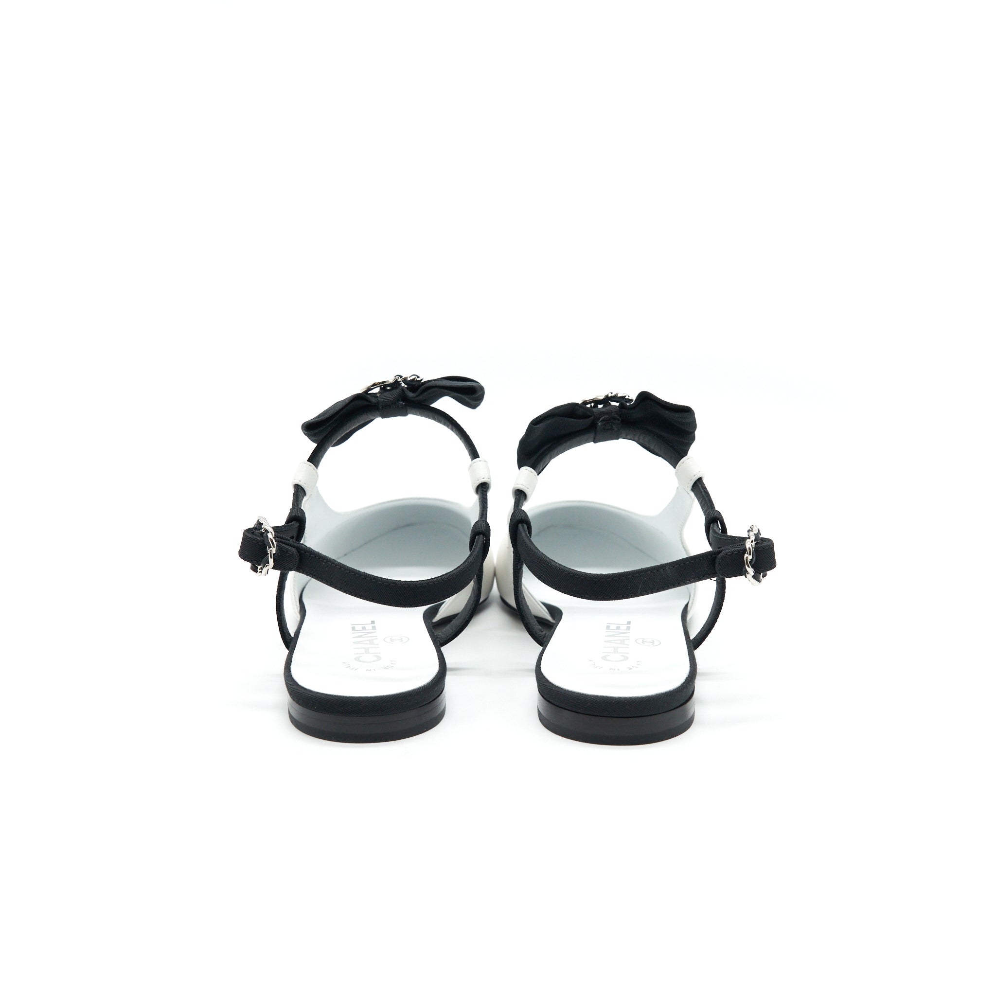 CHANEL SLINGBACK FLATS WITH RIBBONS WHITE AND BLACK