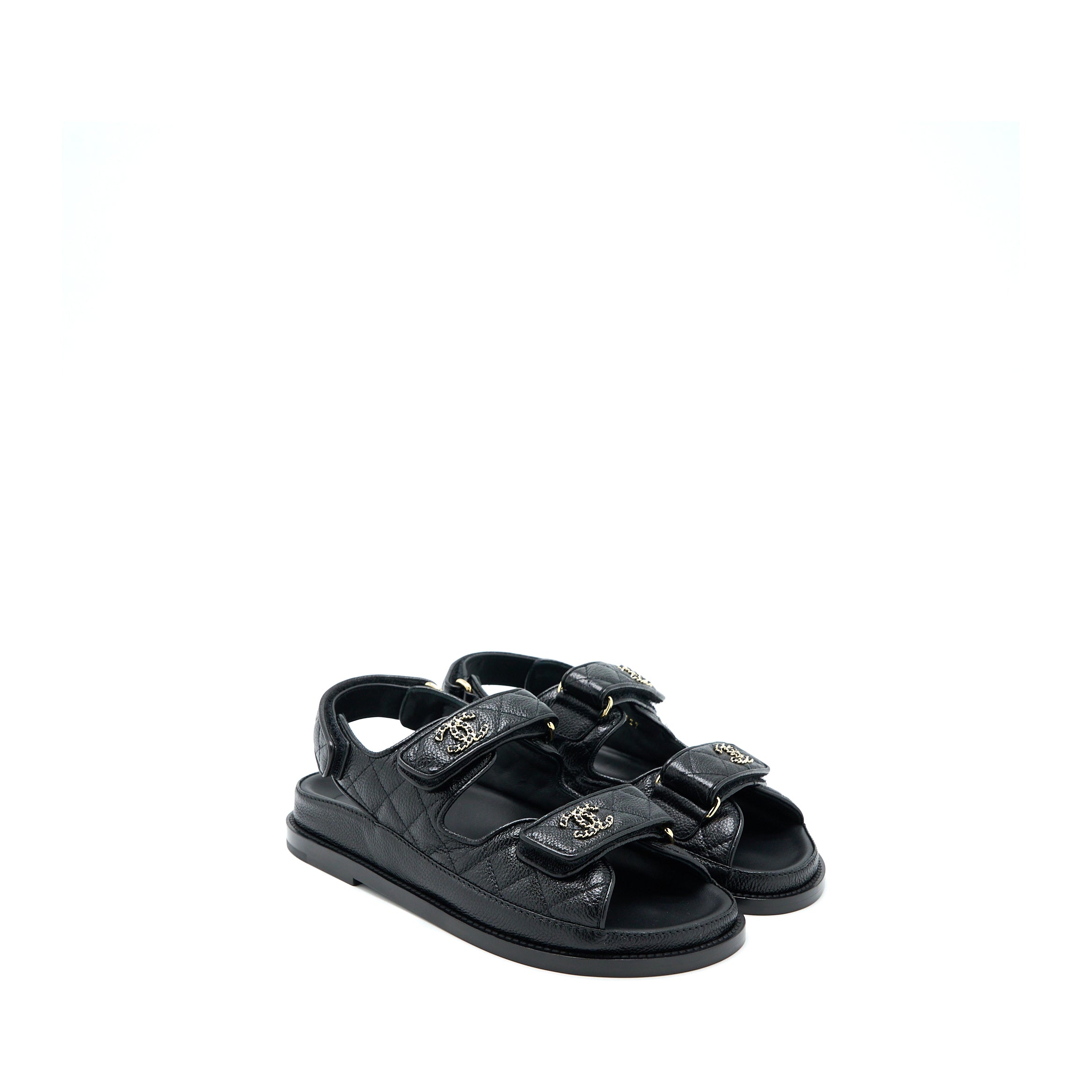 CHANEL DAD SANDALS LEATHER BLACK LIGHT GOLD TONE