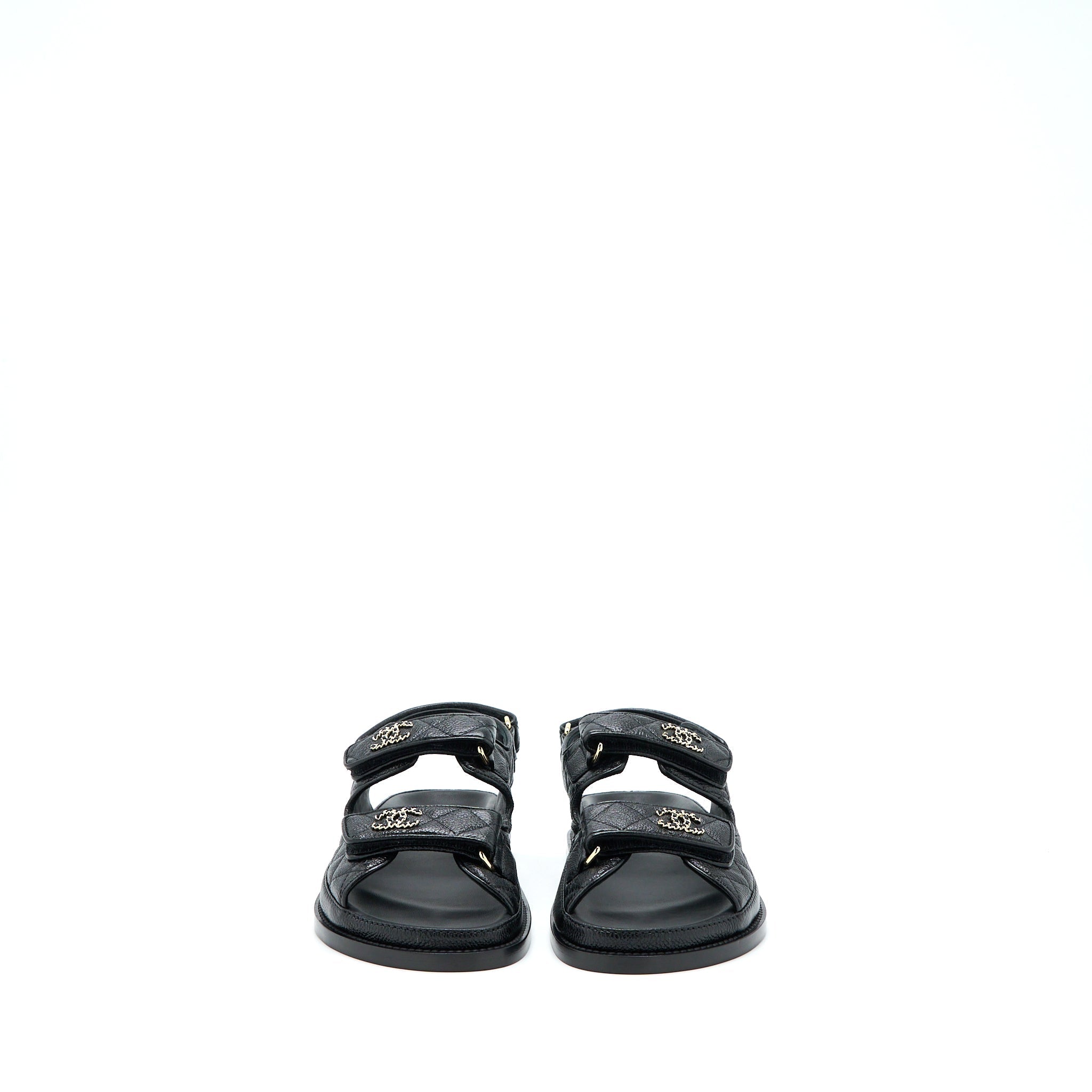 CHANEL DAD SANDALS LEATHER BLACK LIGHT GOLD TONE