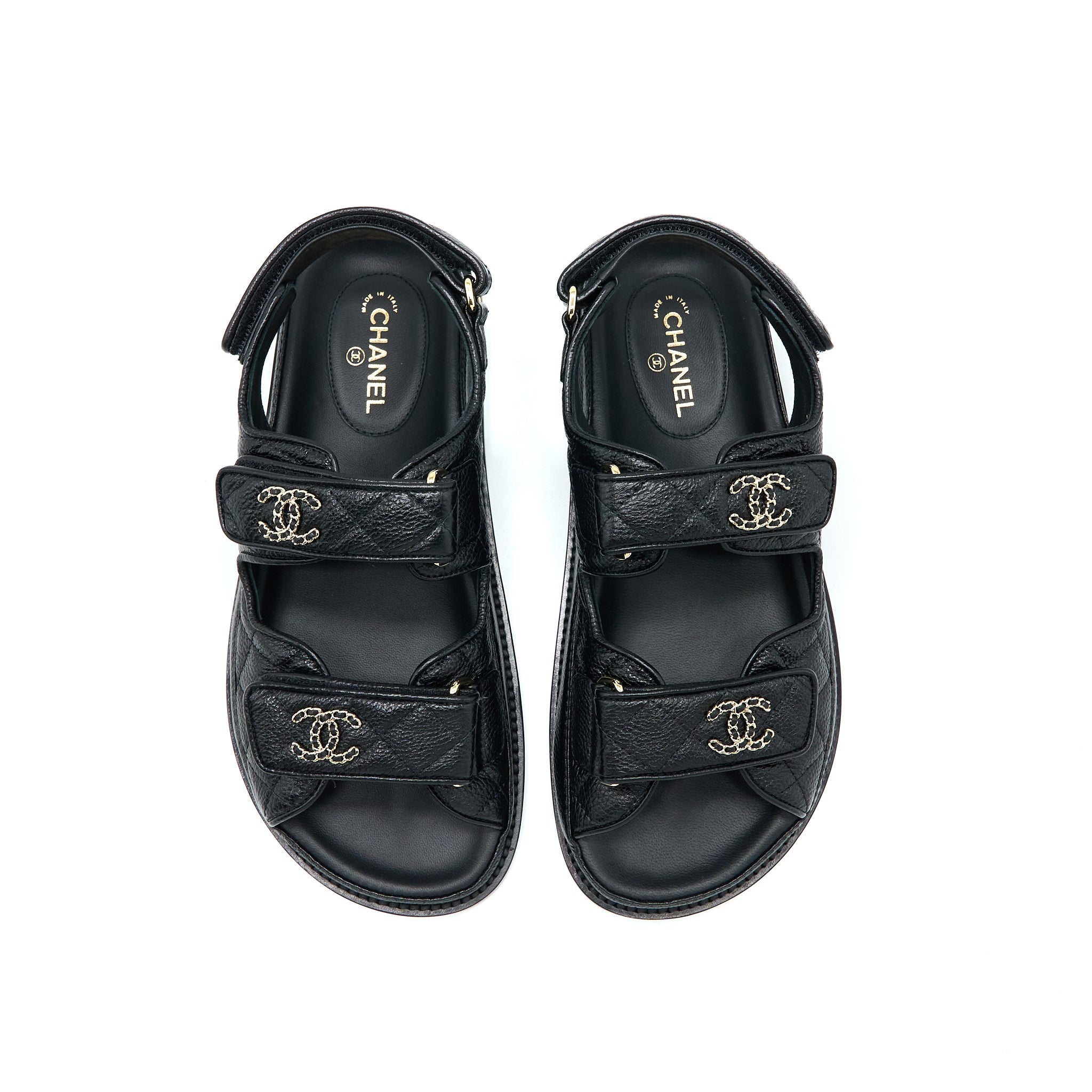 CHANEL DAD SANDALS LEATHER BLACK LIGHT GOLD TONE