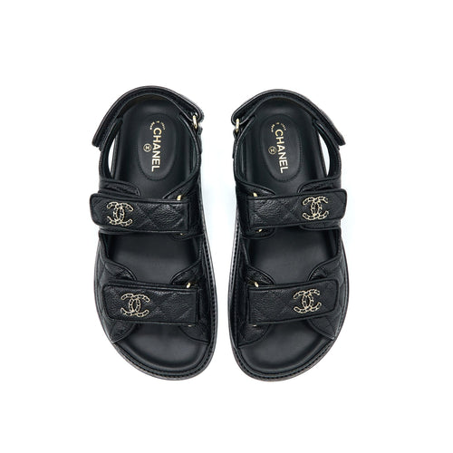 CHANEL DAD SANDALS LEATHER BLACK LIGHT GOLD TONE