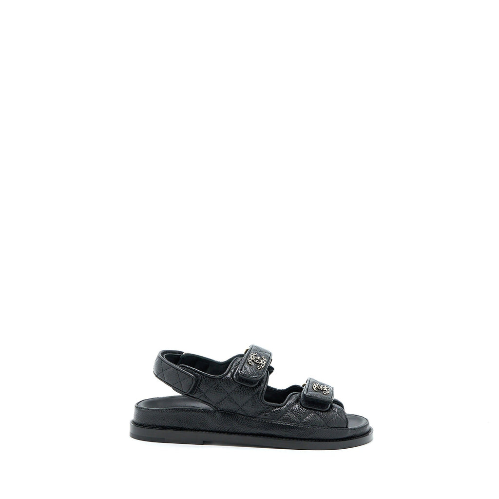 CHANEL DAD SANDALS LEATHER BLACK LIGHT GOLD TONE