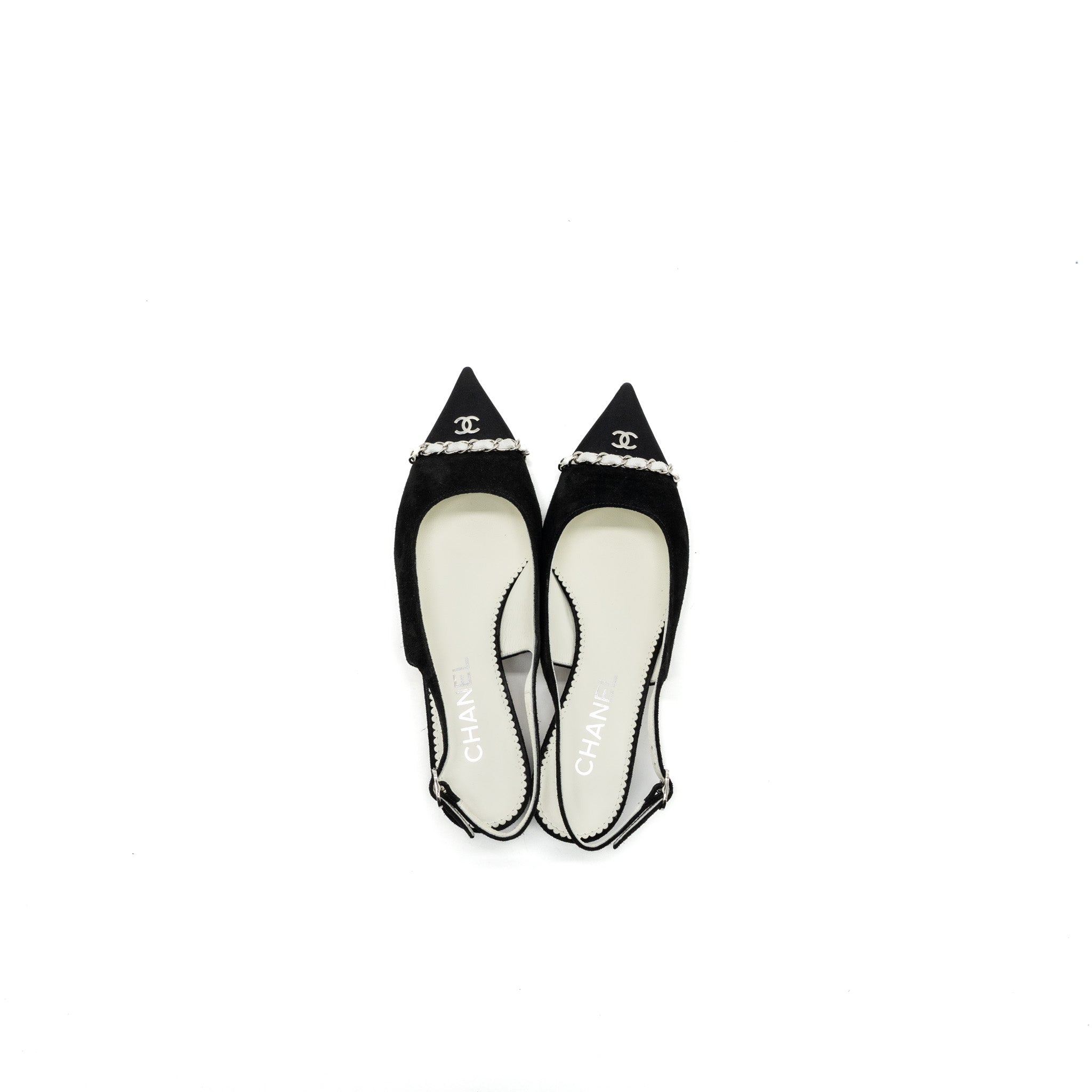 CHANEL SLINGS SHOES SUEDE CALFSKIN/ GROSGRAIN METAL BLACK AND LIGHT GREY