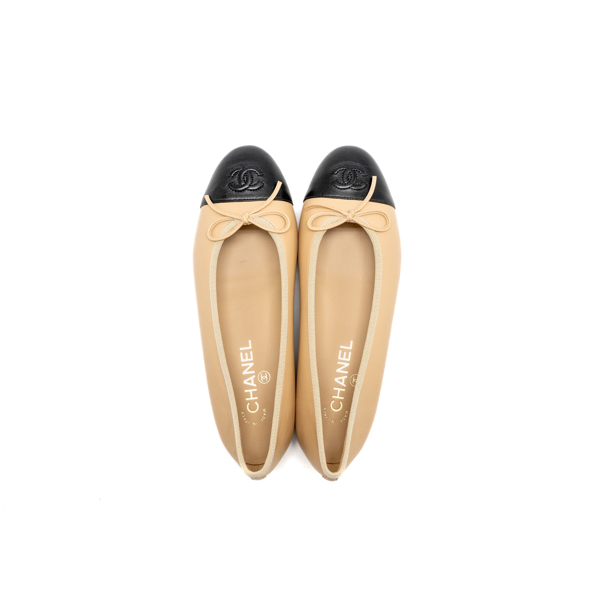 CHANEL BALLERINAS FLAT SHOES LAMBSKIN BEIGE/BLACK
