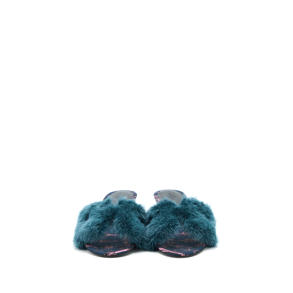 HERMES ORAN MINK FUR SANDAL BLUE PAON/MULTICOLOUR