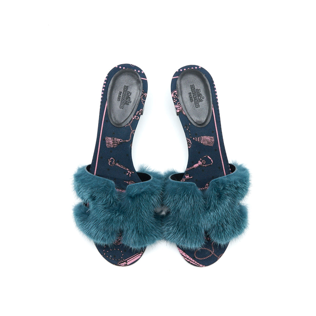 HERMES ORAN MINK FUR SANDAL BLUE PAON/MULTICOLOUR