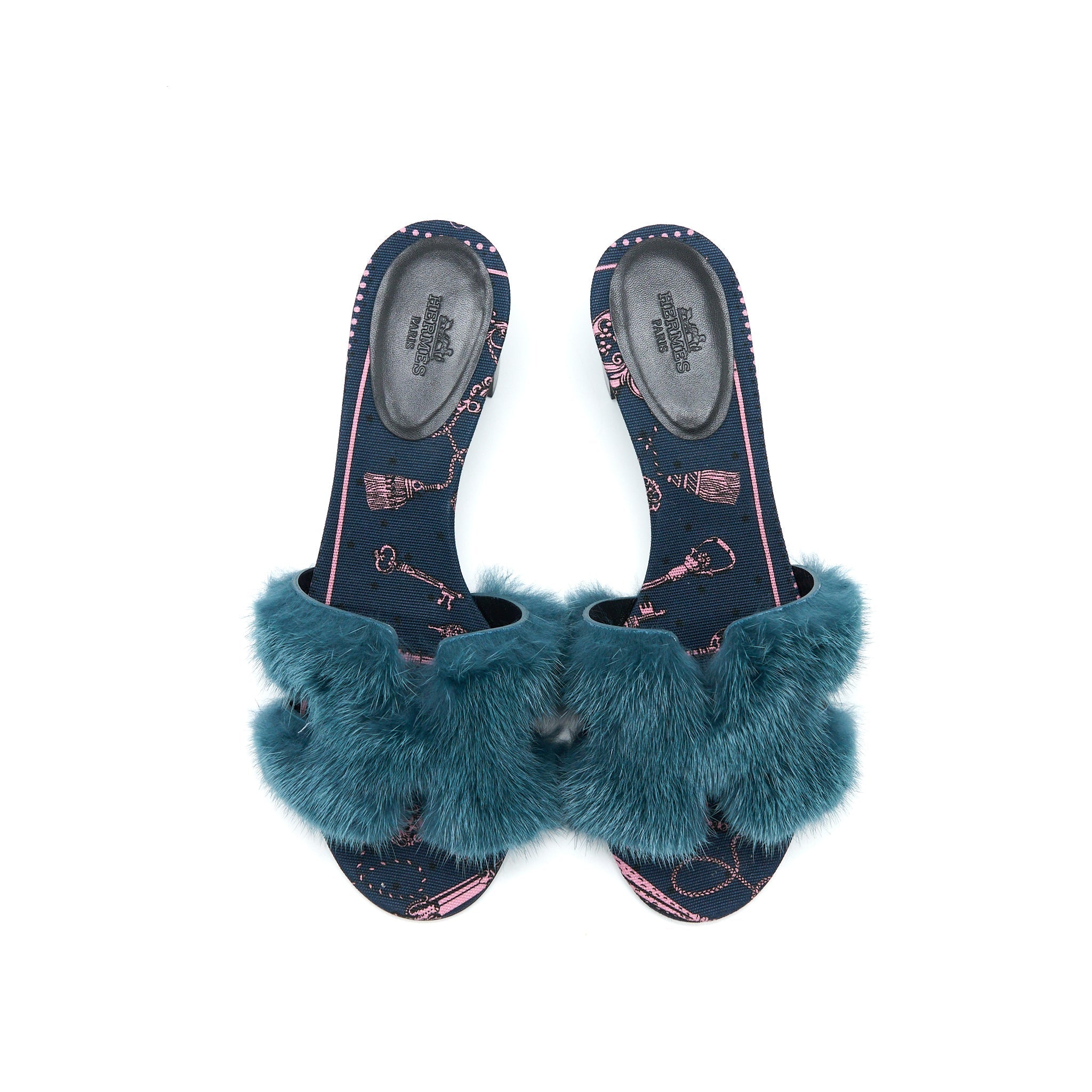 HERMES ORAN MINK FUR SANDAL BLUE PAON/MULTICOLOUR
